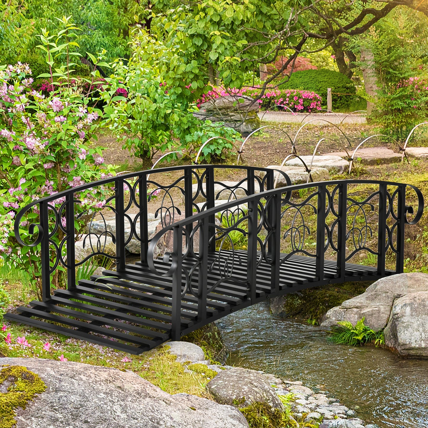 Metal Garden Bridge with 660 lbs Capacity - Black Yard Bridge with Vine Motifs