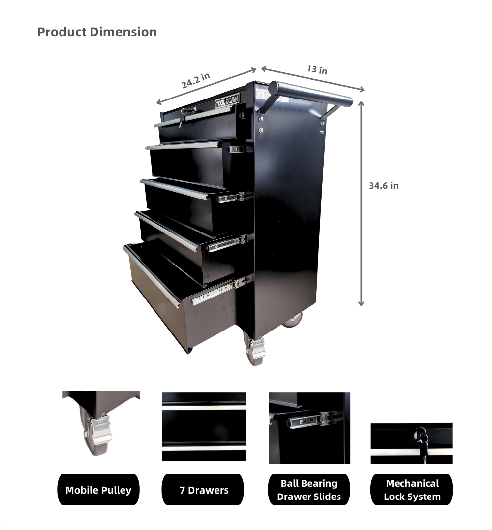 24.2-Inch Metal Rolling Tool Cabinet with Drawers and Locking System
