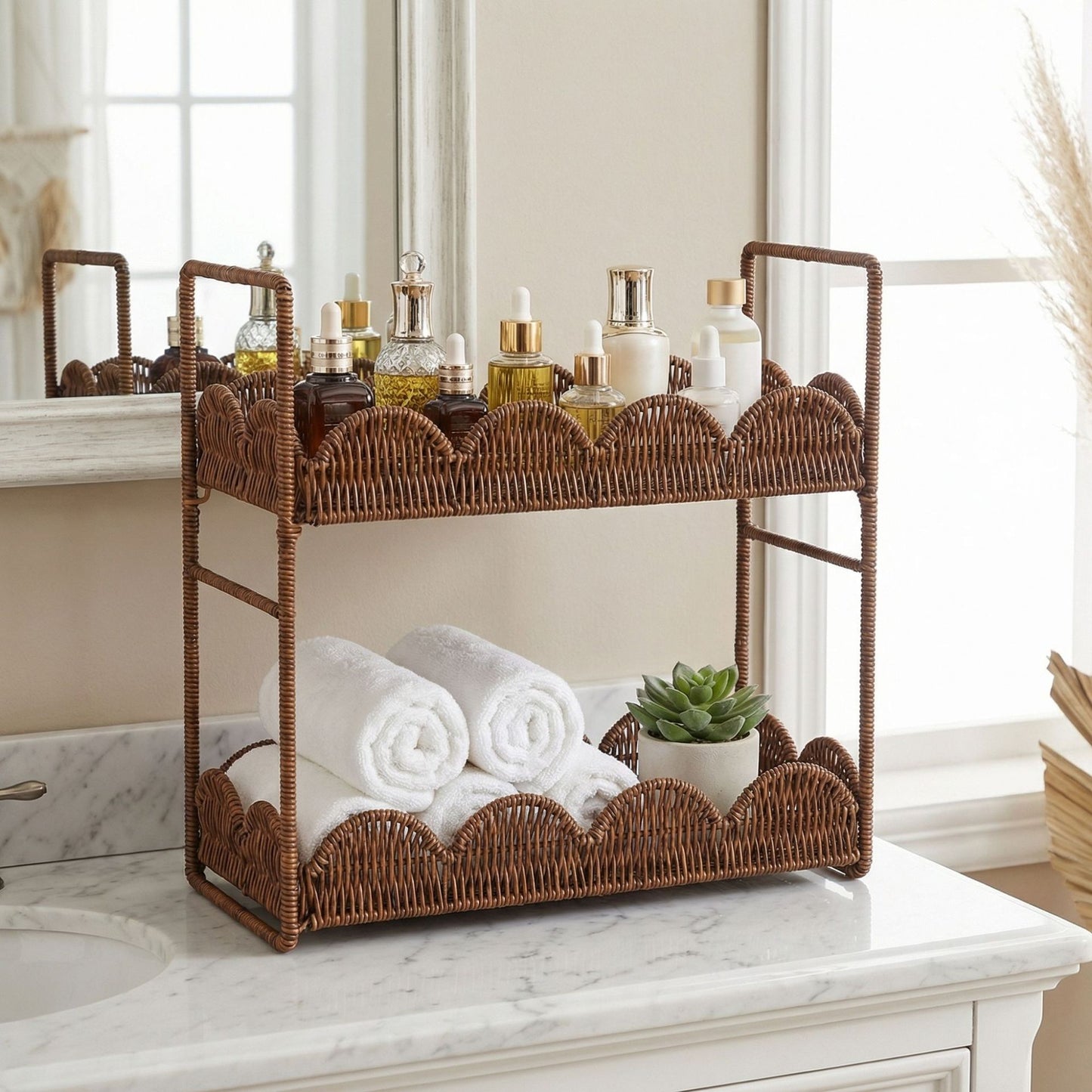Double-Tier Bathroom Storage Shelf Rattan-Woven Movable Organizer