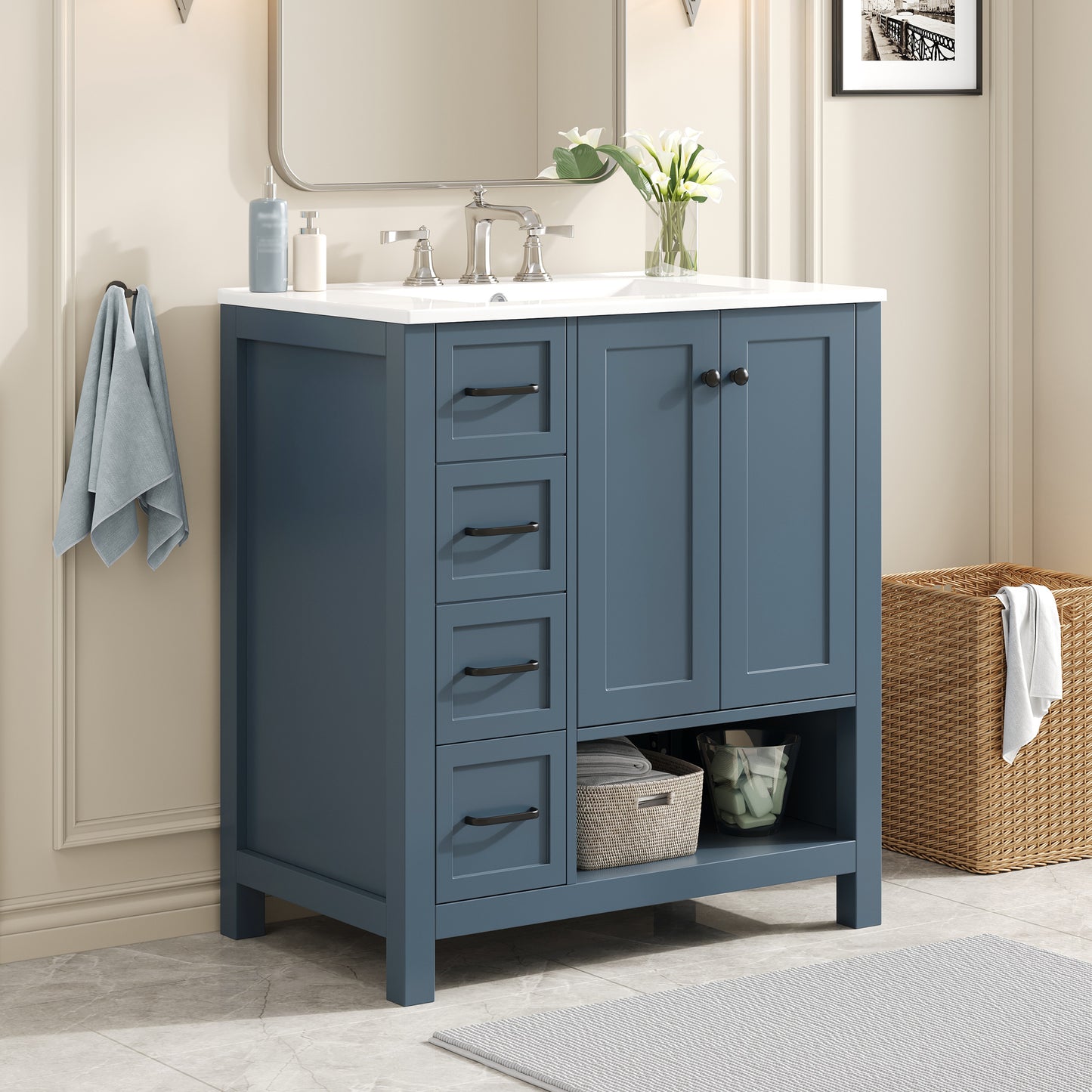 30" Bathroom Vanity with Sink Top - Blue Gray Solid Wood Cabinet