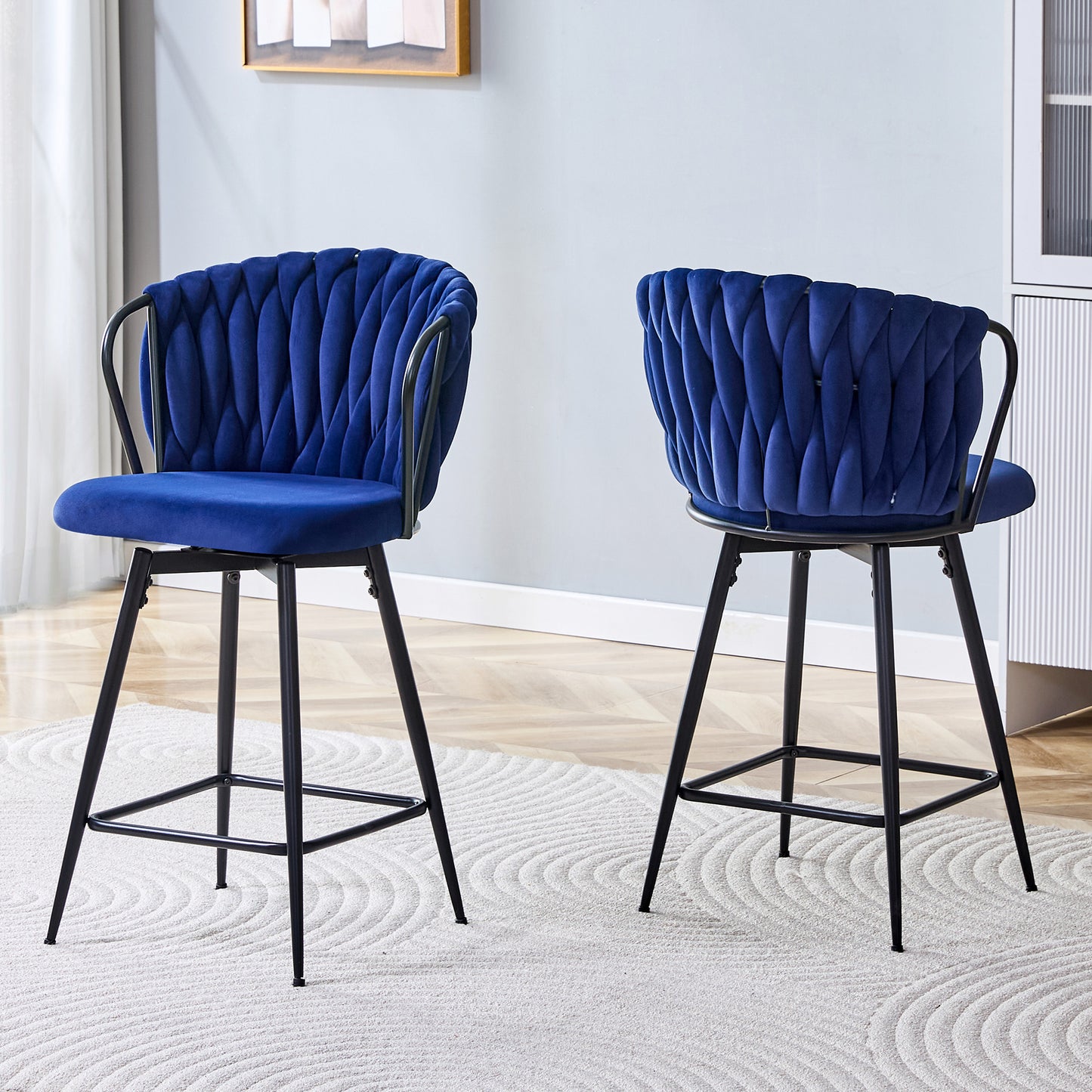 Set Of 2 Modern Velvet Braided Bar Stool With Metal Frame,