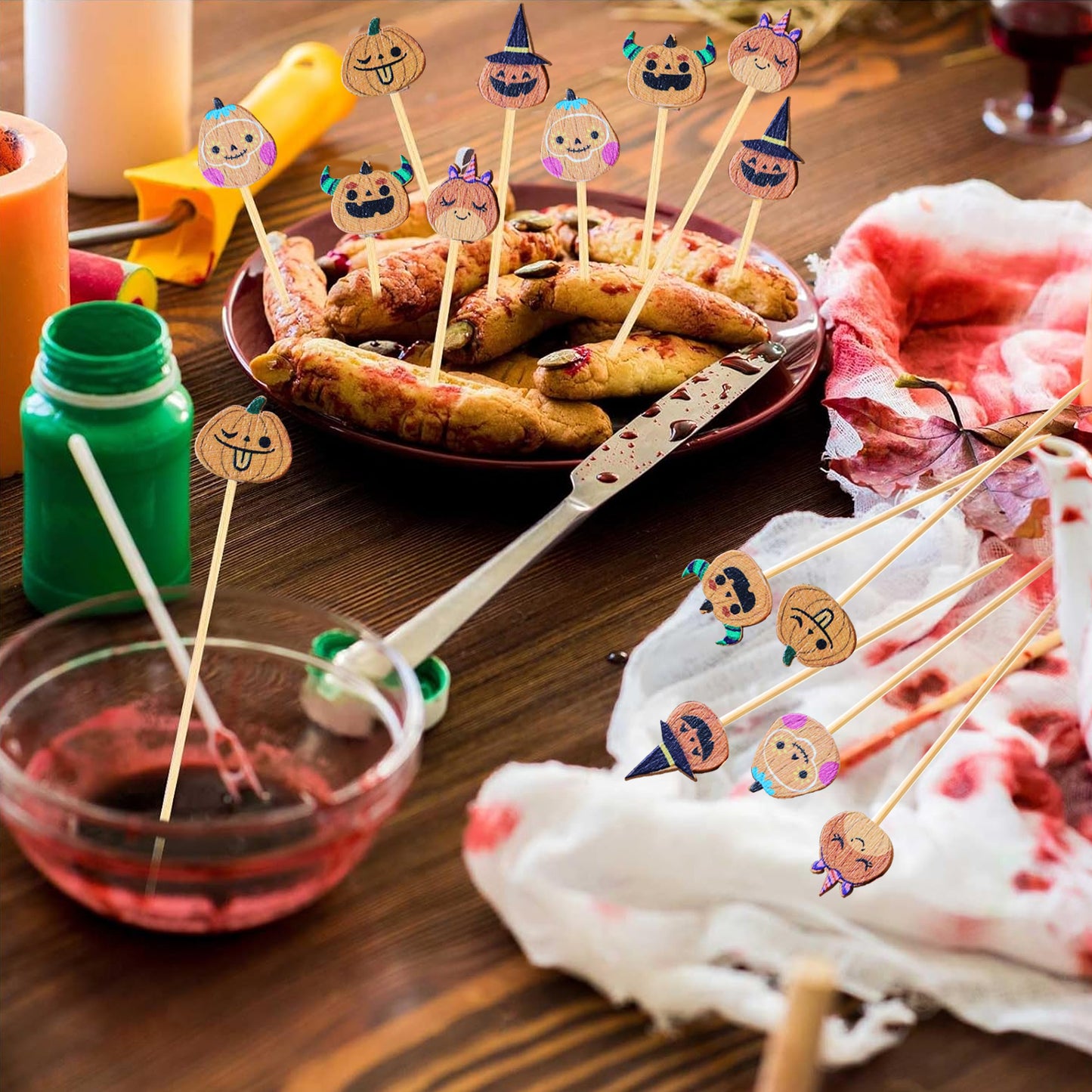 Halloween Cocktail Picks - 100 Bamboo Pumpkin Toothpicks