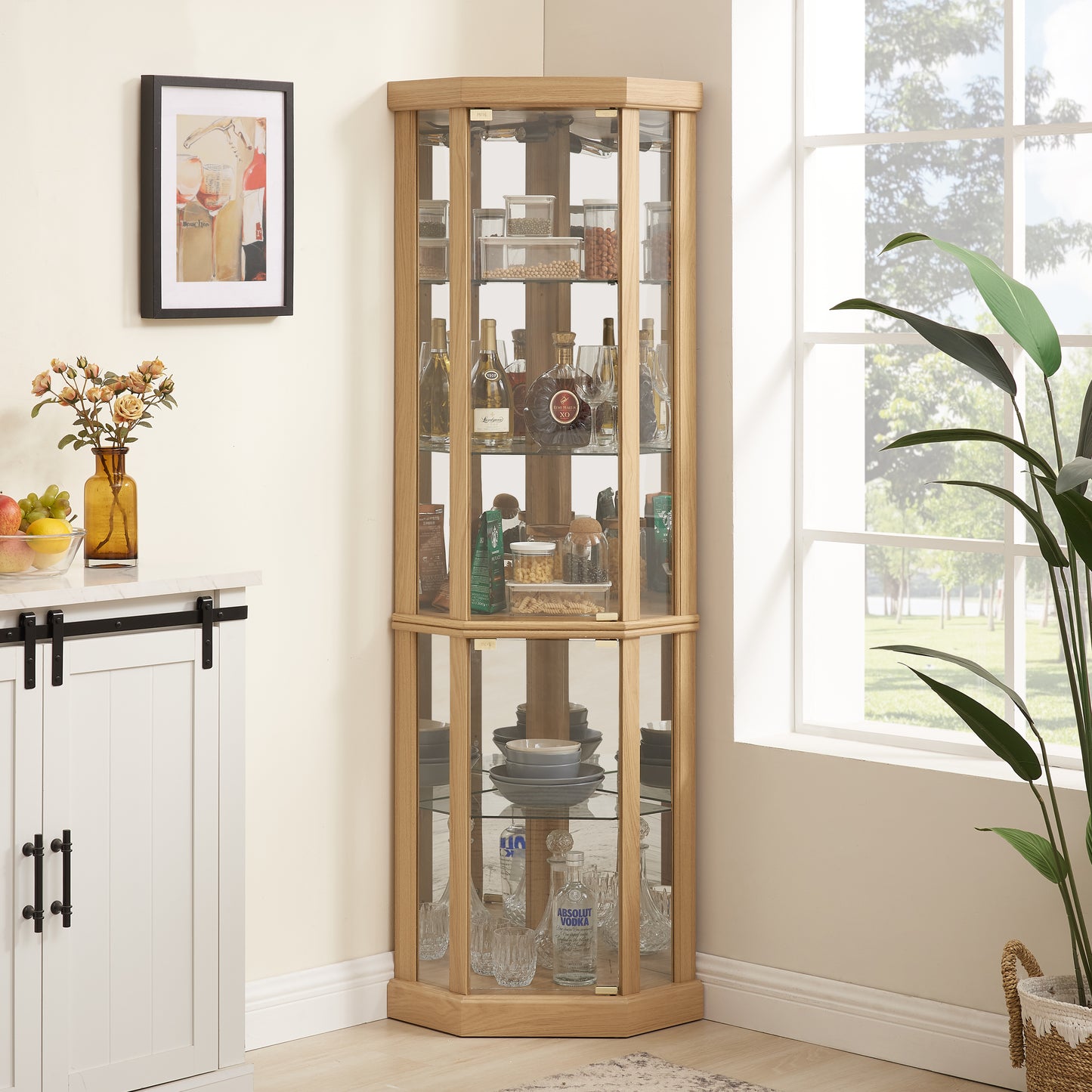 Corner Lighted Curio Cabinet Glass Display Case For Living Room,
