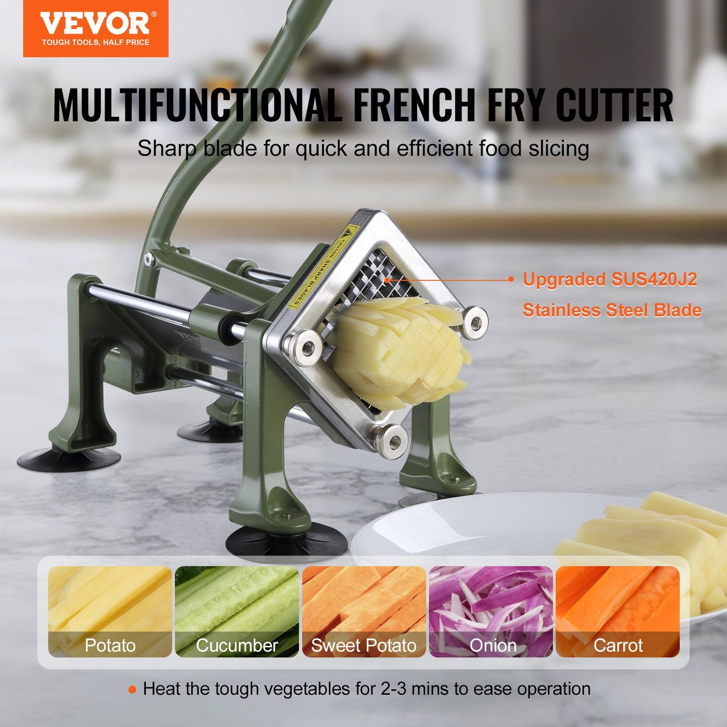 French Fry Cutter Stainless Steel Vegetable Slicer with 3 Blades - Green