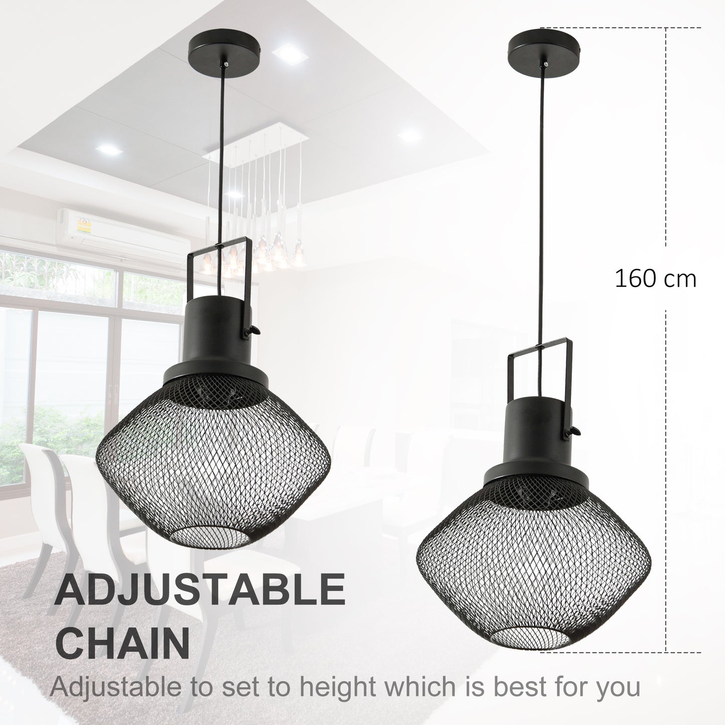 Industrial Pendant Light Fixture with Adjustable Chain - Black Steel