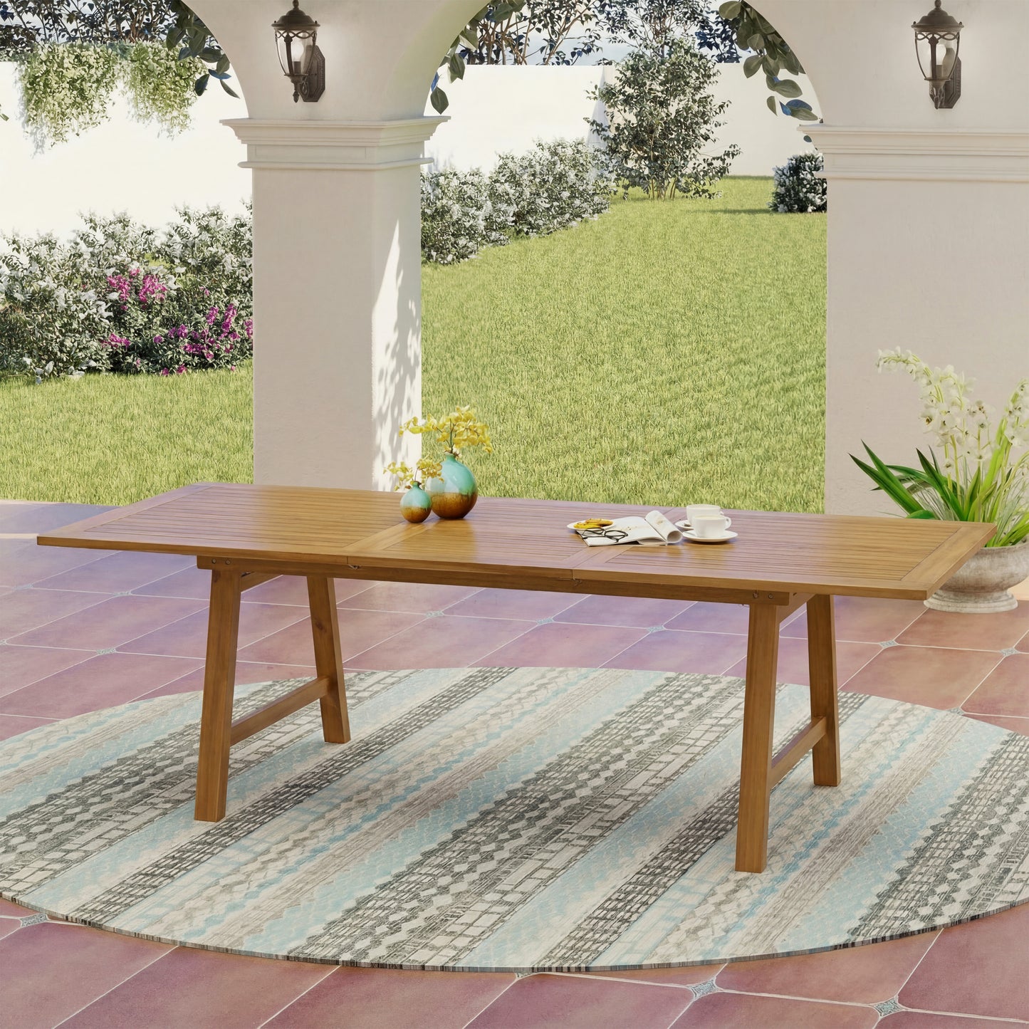 Extendable Acacia Wood Outdoor Dining Table - Teak Finish