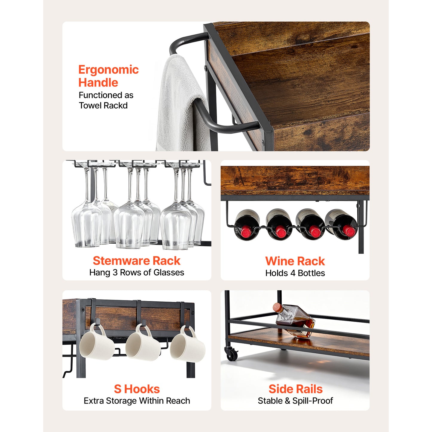 3-Tier Rustic Bar Cart with Wine Rack & Glass Holders - Mobile Serving Station