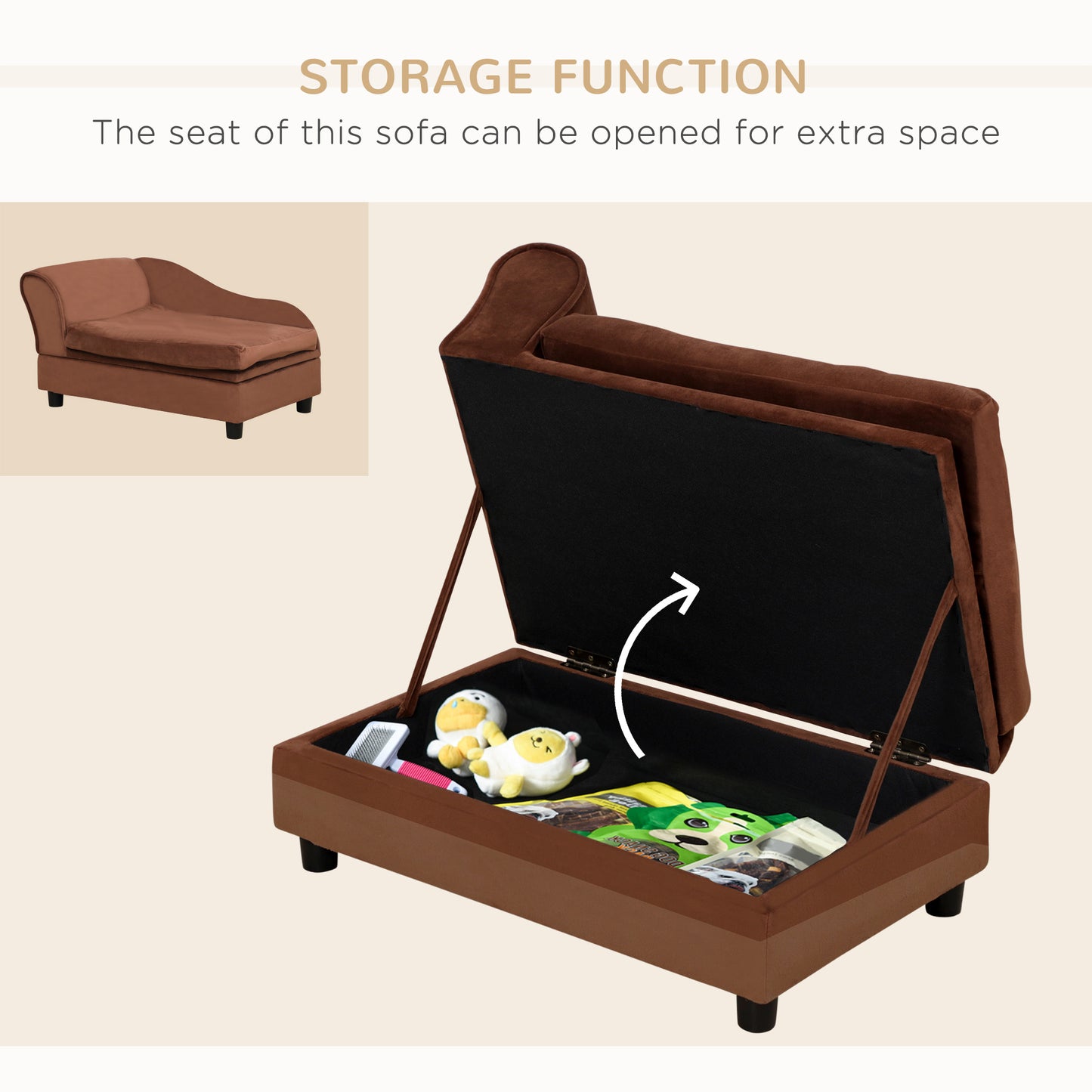 Small Dog Sofa Bed with Storage and Cushion, Brown Pet Furniture