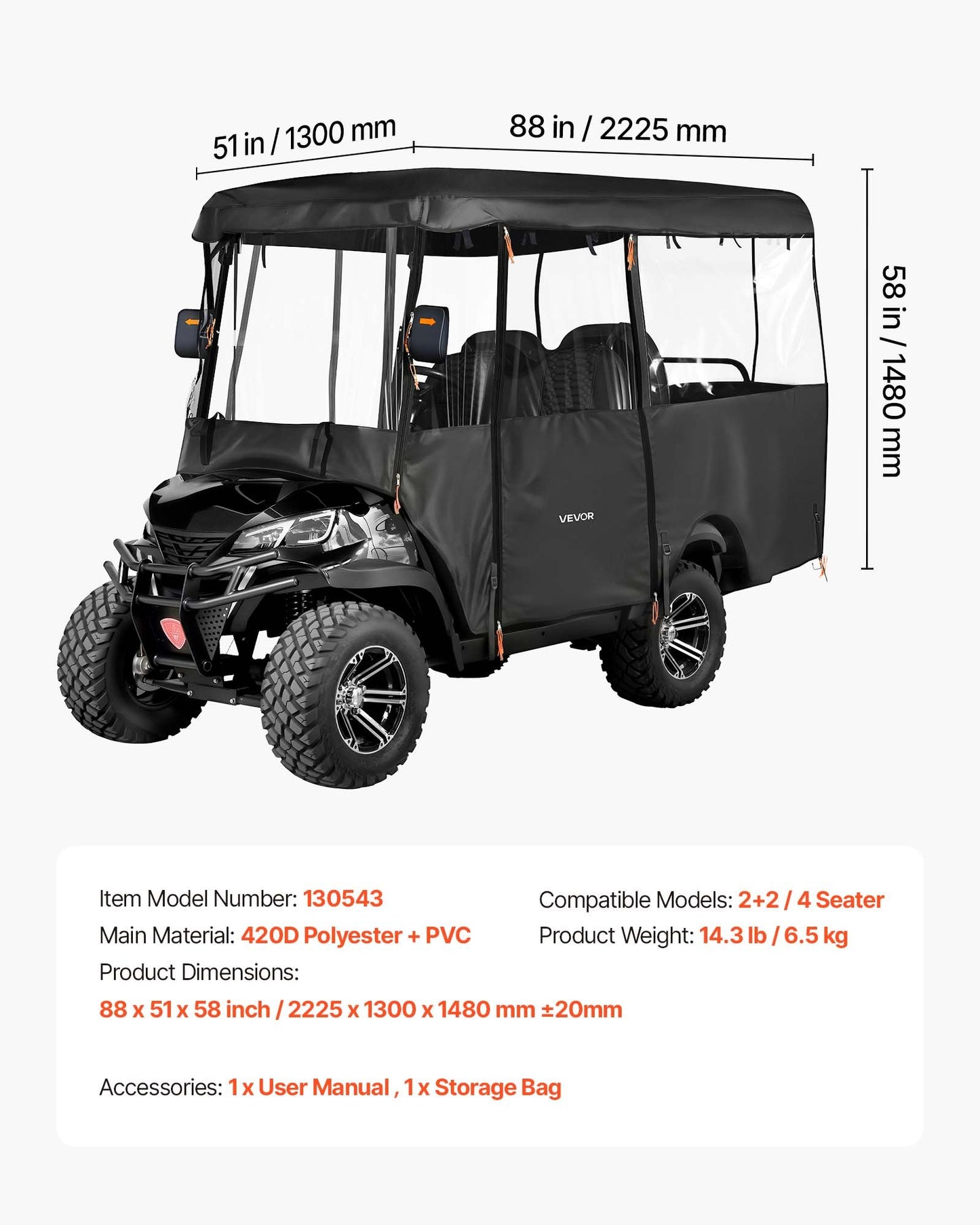 Waterproof Golf Cart Cover for 2-4 Passenger Enclosure with Windproof Hooks - Fits Most Models
