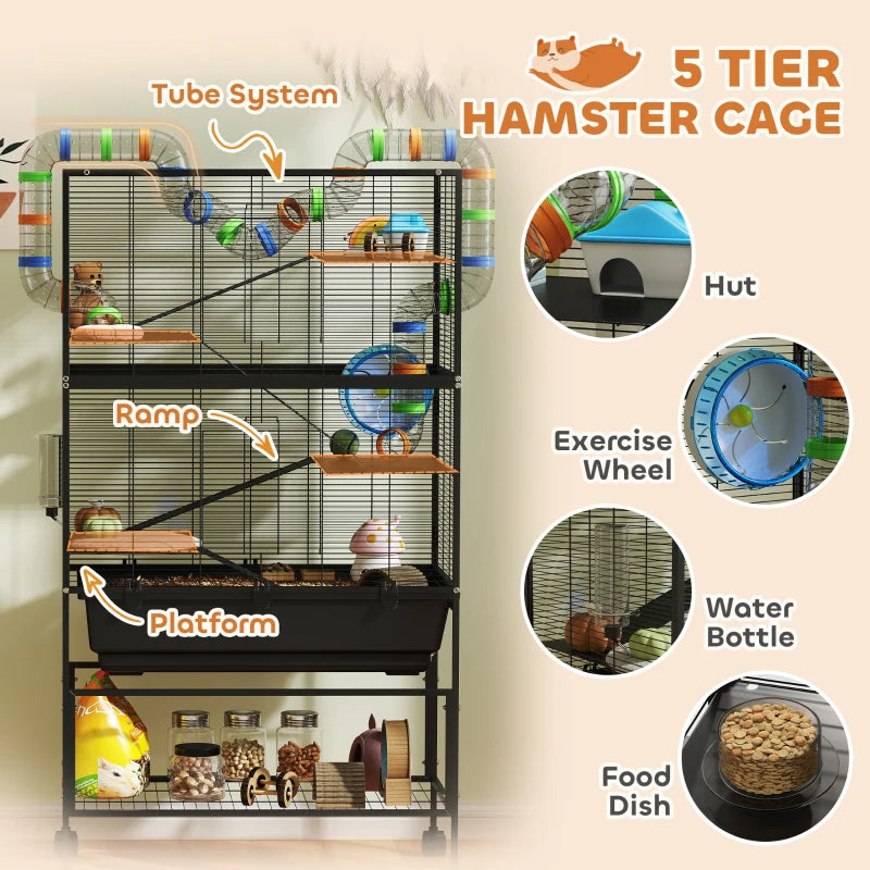 Large 5-Tier Hamster Cage with Deep Tray, Exercise Wheel & Storage Shelf