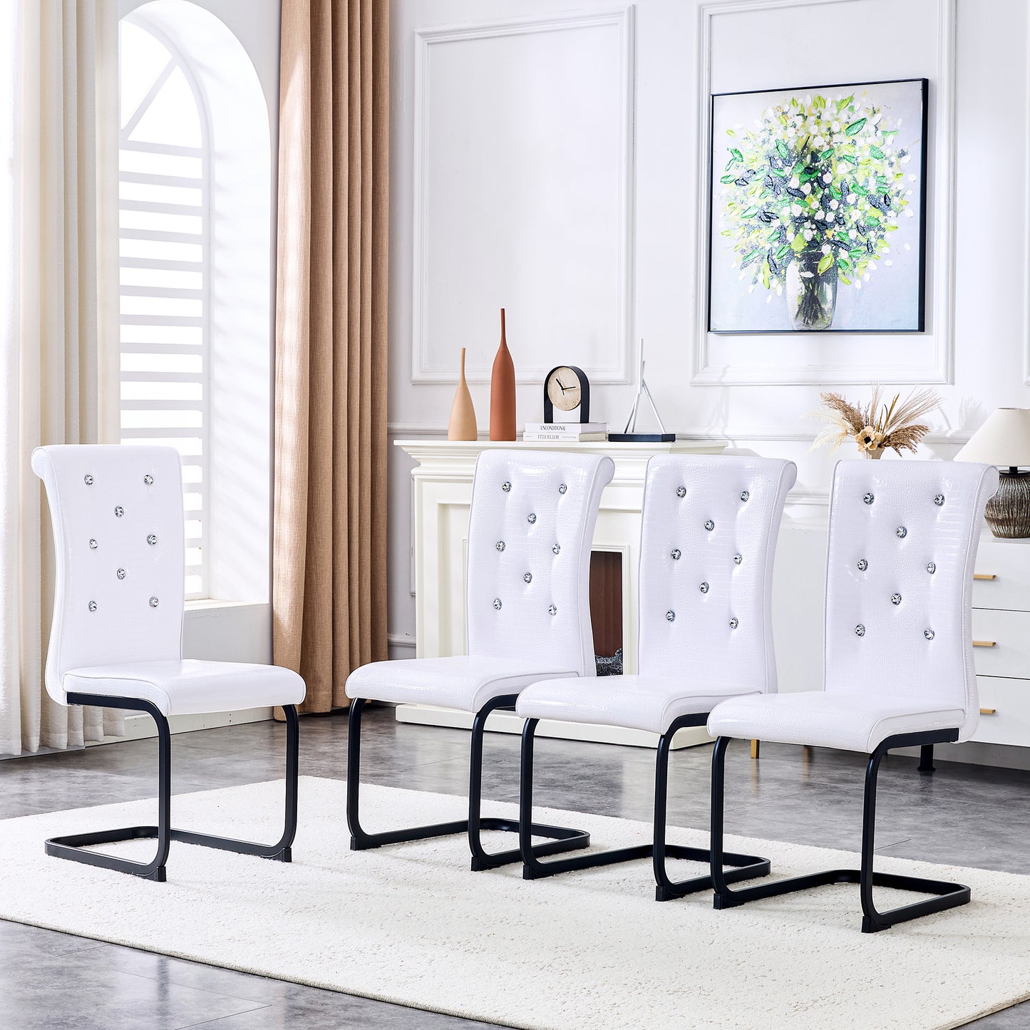 Set Of 4,Retro Alligator Skin Upholstered Dining Chairs,with Crystal