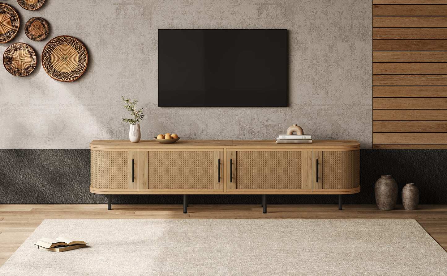 70-Inch Modern TV Stand with Rattan Doors for 80-Inch TVs