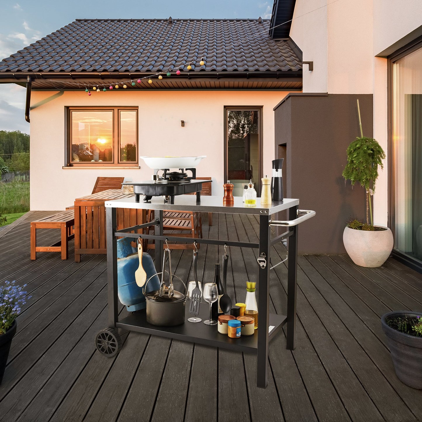 Portable BBQ Dining Cart with Double Shelf - Stainless Steel