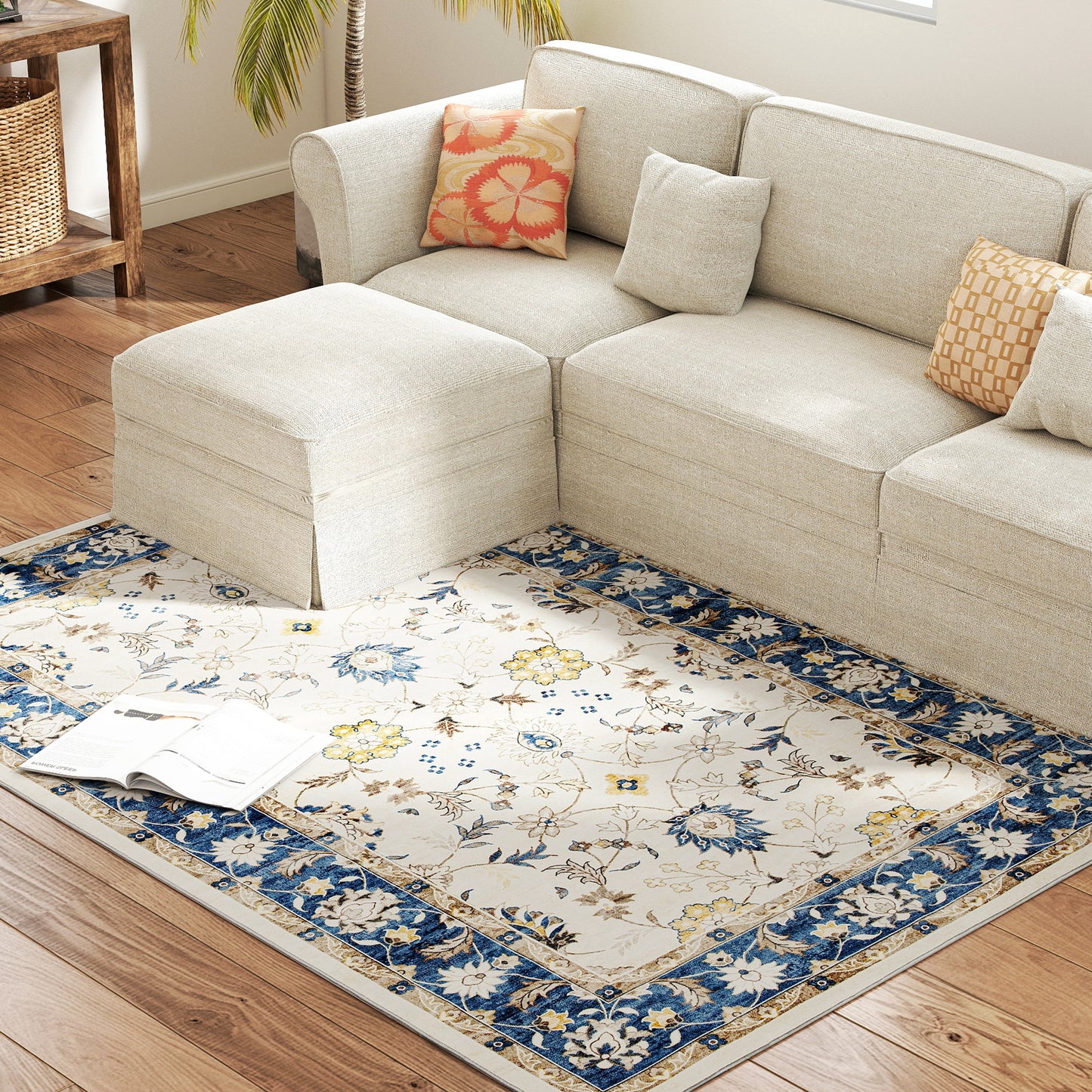 Machine Washable Boho Floral Area Rug 4x6 - Blue