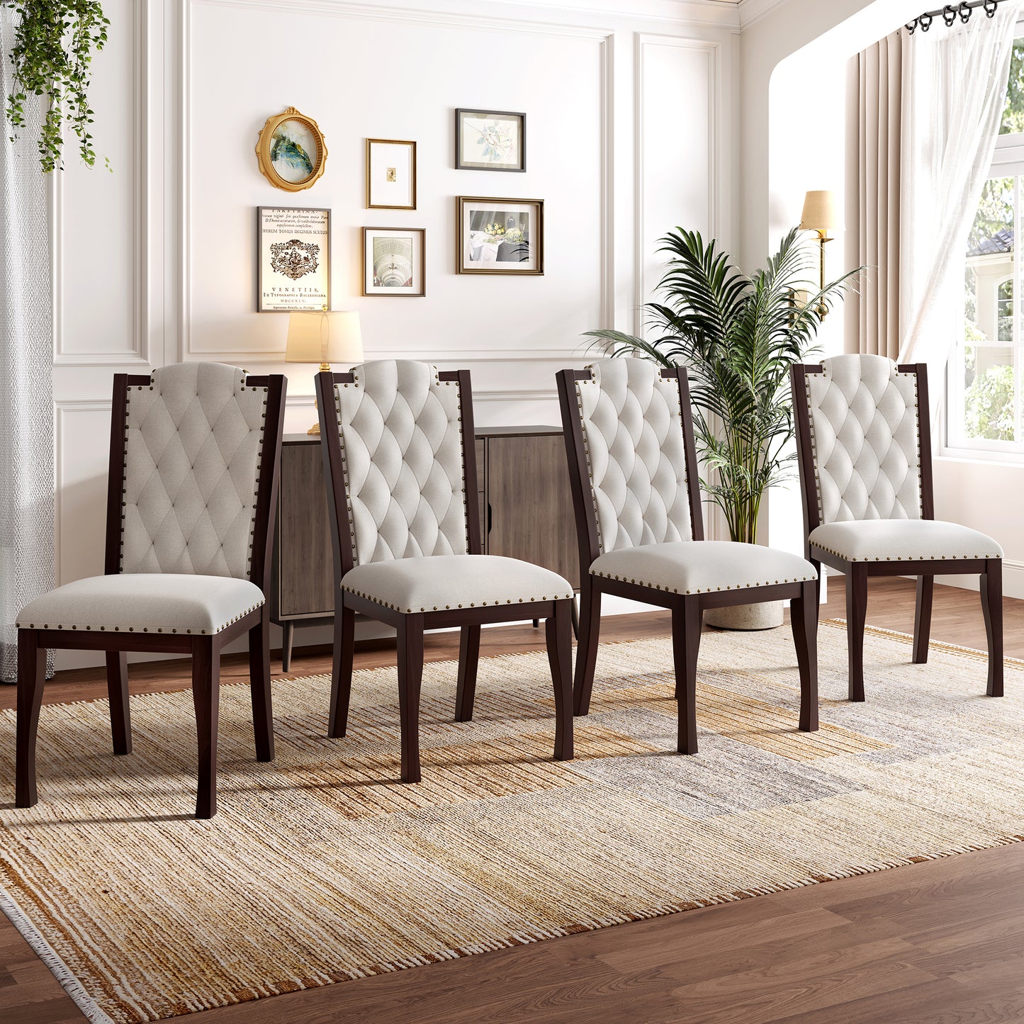Upholstered Dining Chairs Set Of 4, High Back Diamond Button Tufted