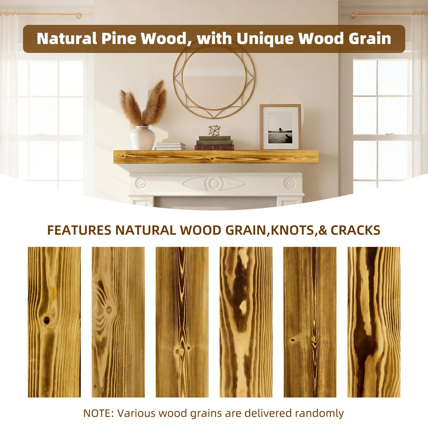 60 Fireplace Mantel, Rustic Mantle Shelf With Invisible Brackets,