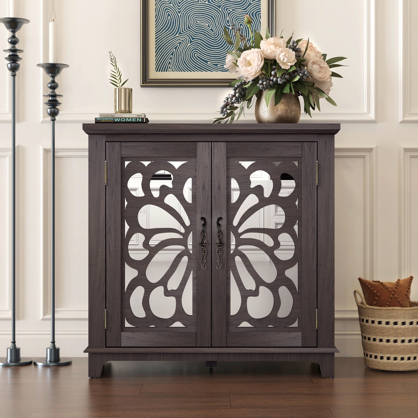 Elegant Sideboard With 2 Acrylic Mirrored Doors And Buffet Storage,