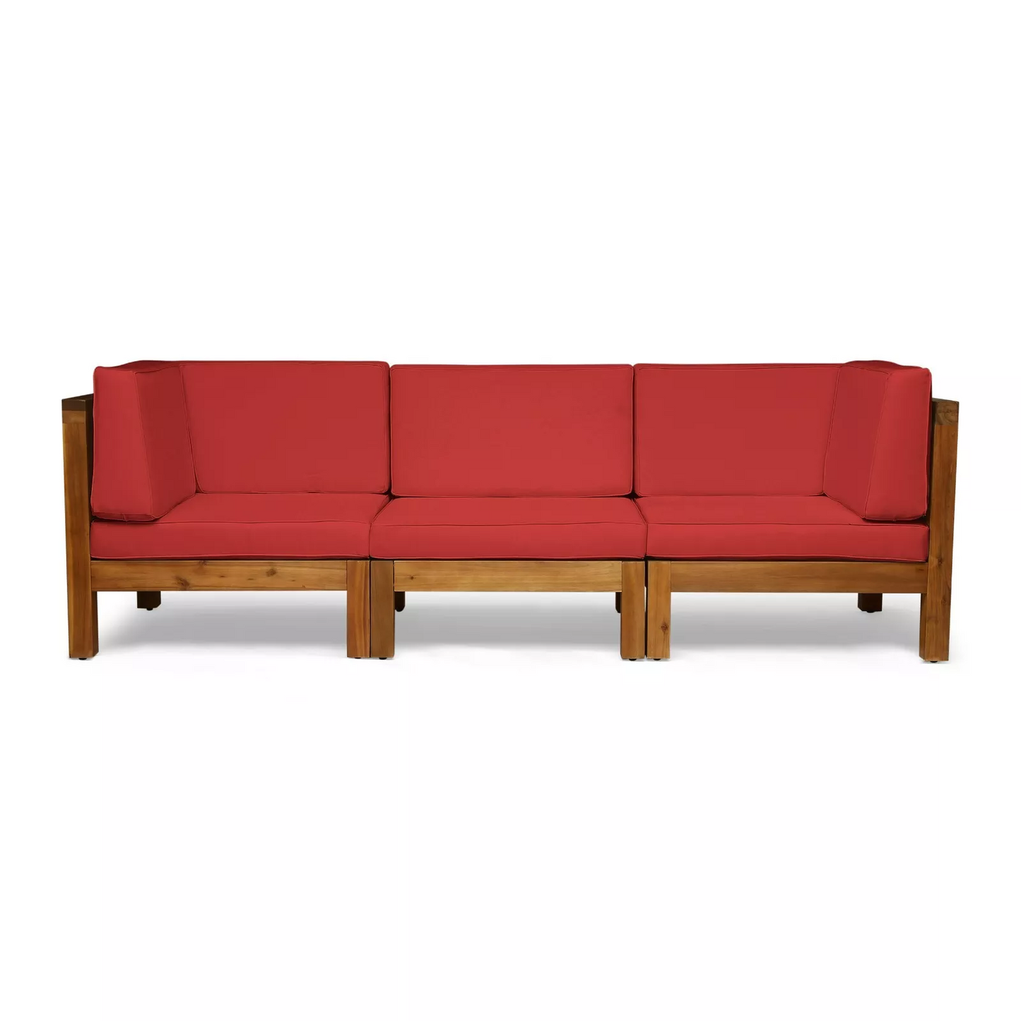 Outdoor Sectional Sofa Set - 3 Seater Acacia Wood with Red Cushions