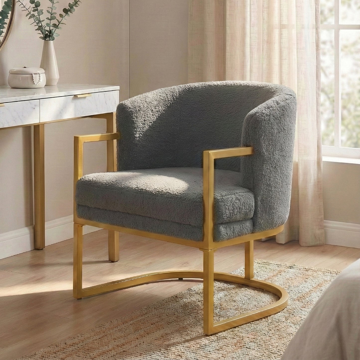 Cozy Grey Accent Chair with Gold Metal Frame - Modern Armchair