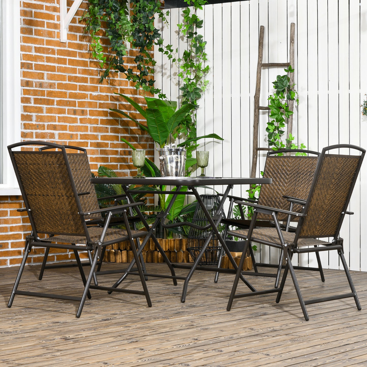 5-Piece Outdoor Dining Table Set with Umbrella Hole - Dark Brown