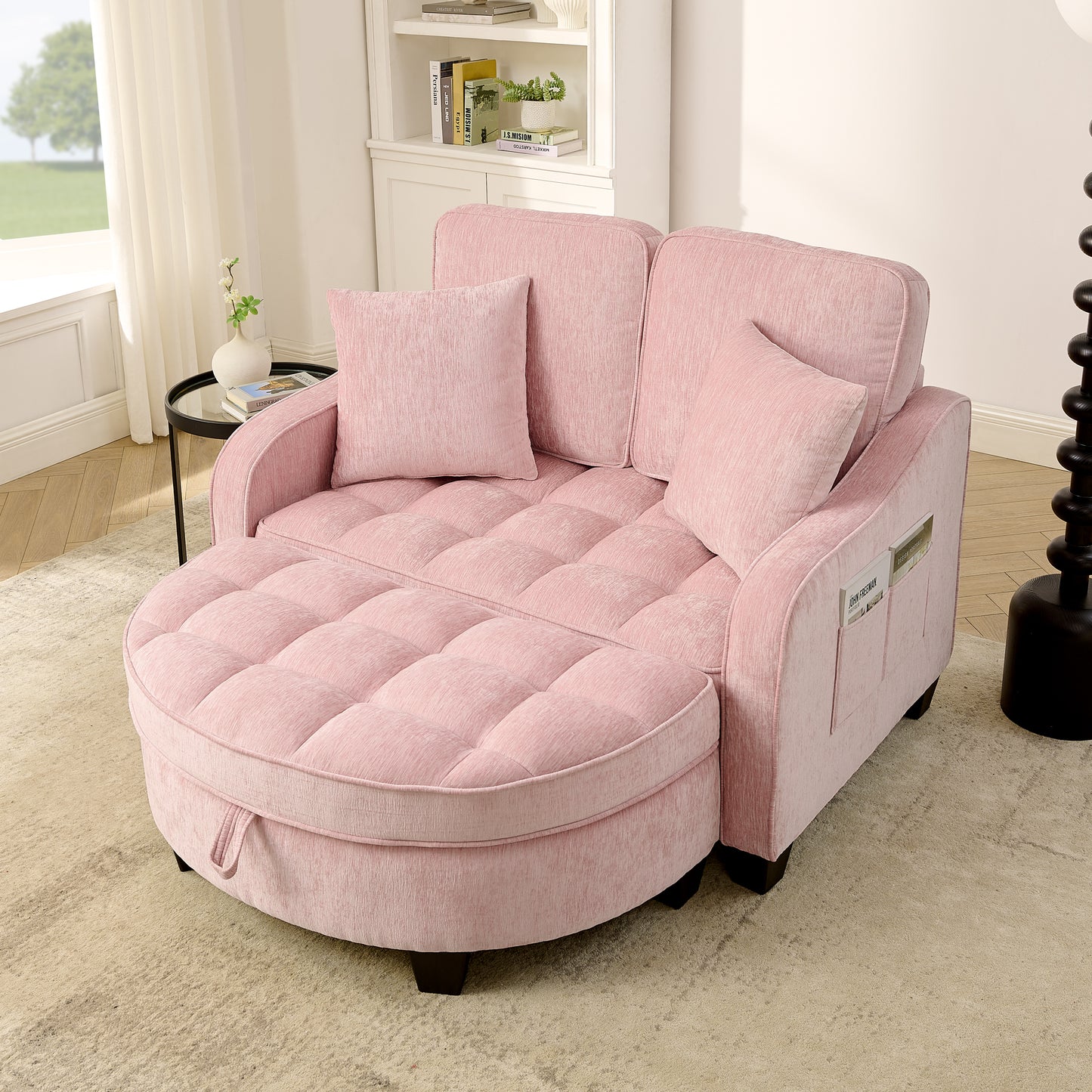 Pink Two-Seater Sofa Chaise Longue with Storage & Pillows