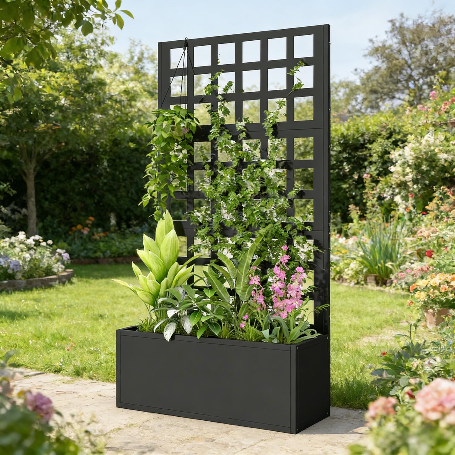 Raised Garden Bed Planter Box with Trellis - Black Steel