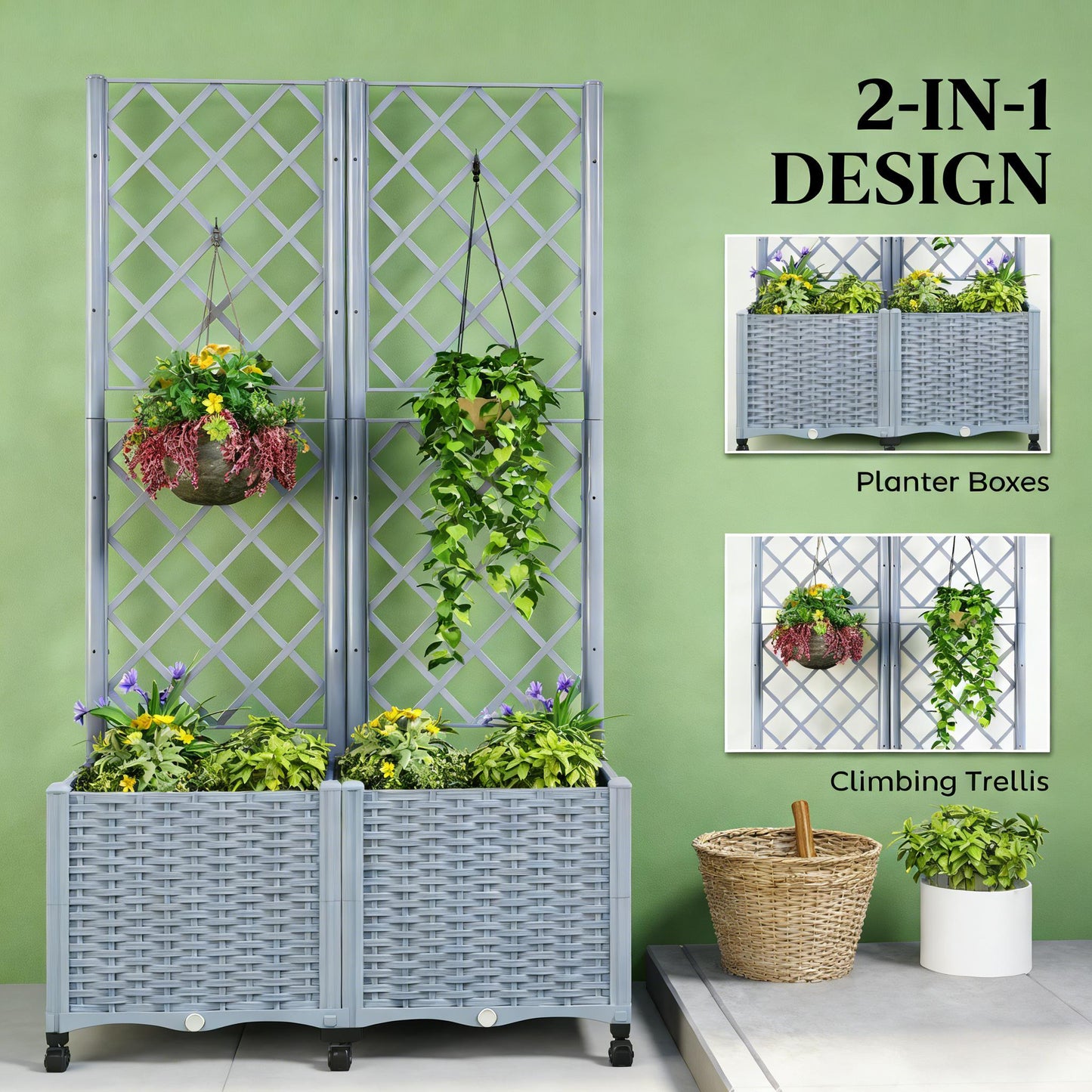 Raised Garden Bed Planter Box with Trellis - Gray