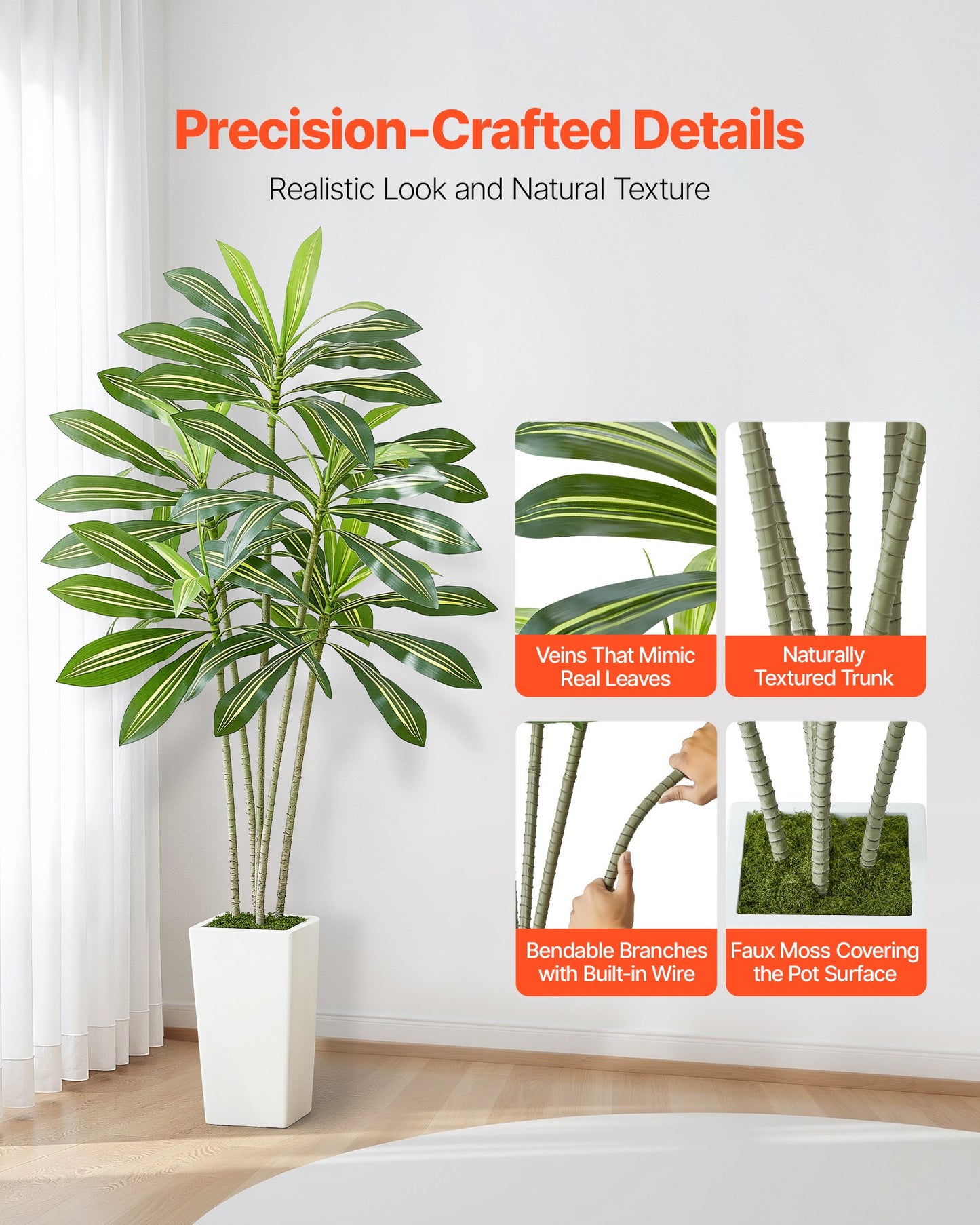 6ft Artificial Dracaena Tree with White Planter - Indoor Fake Plant
