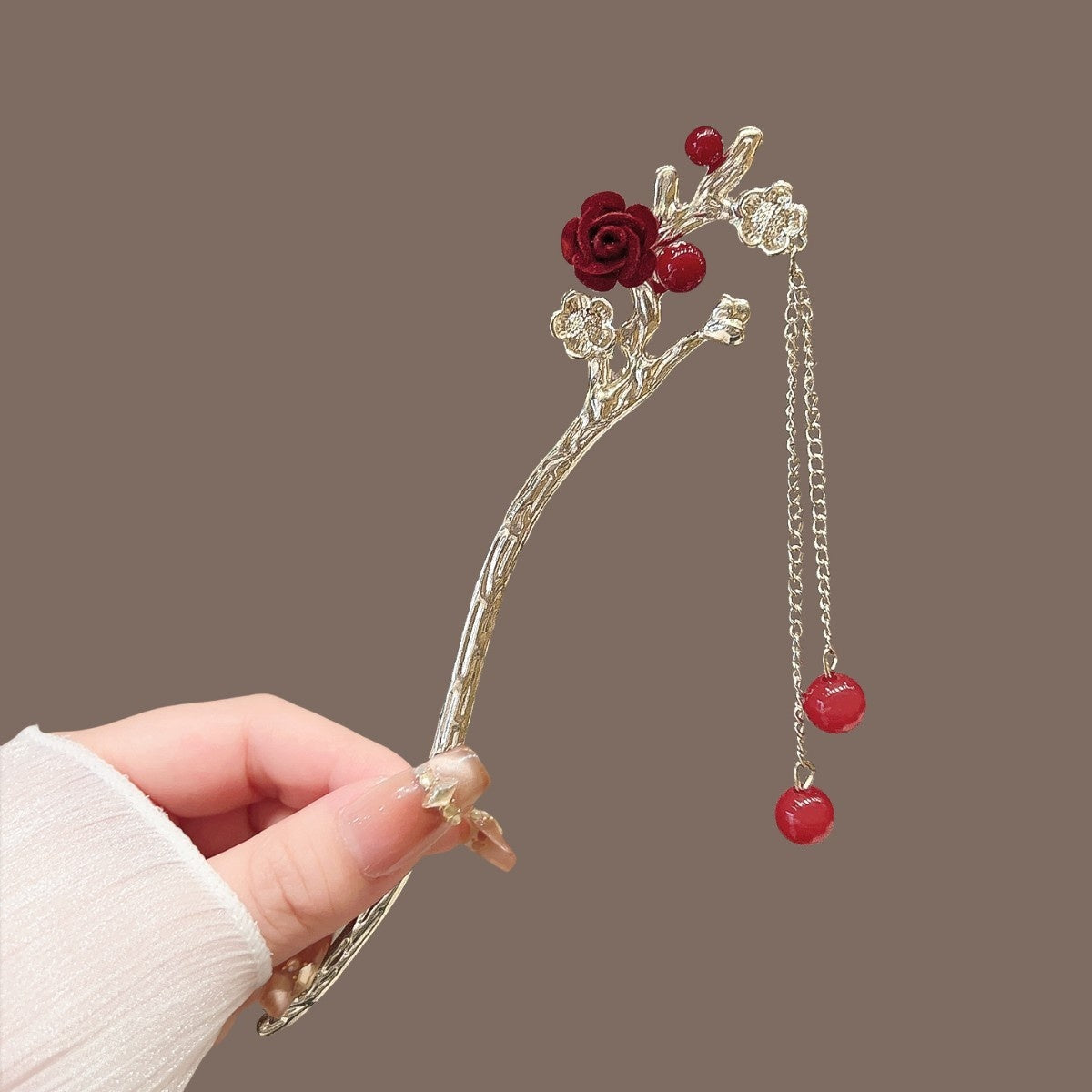 Vintage Floral Hair Stick with Red Flowers and Gold Leaves - Women’s Hair Accessory