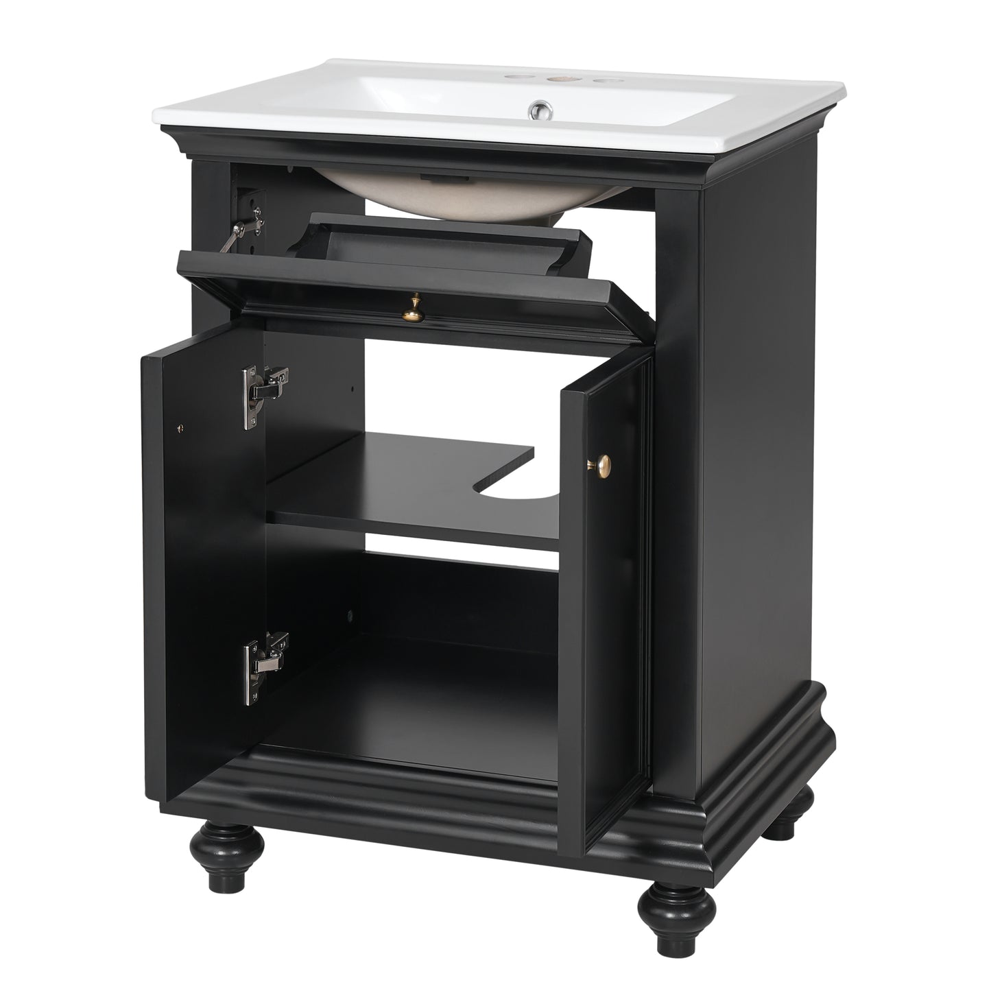 24" Black Modern Bathroom Vanity with Tip-Out Drawer & Soft-Close Hinges