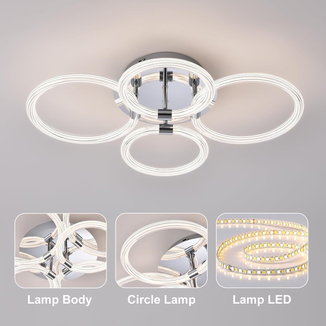 Modern Dimmable LED Ceiling Light with Remote Control, 4-Ring Acrylic Flush Mount Fixture for Bedroom, Living Room, Kitchen