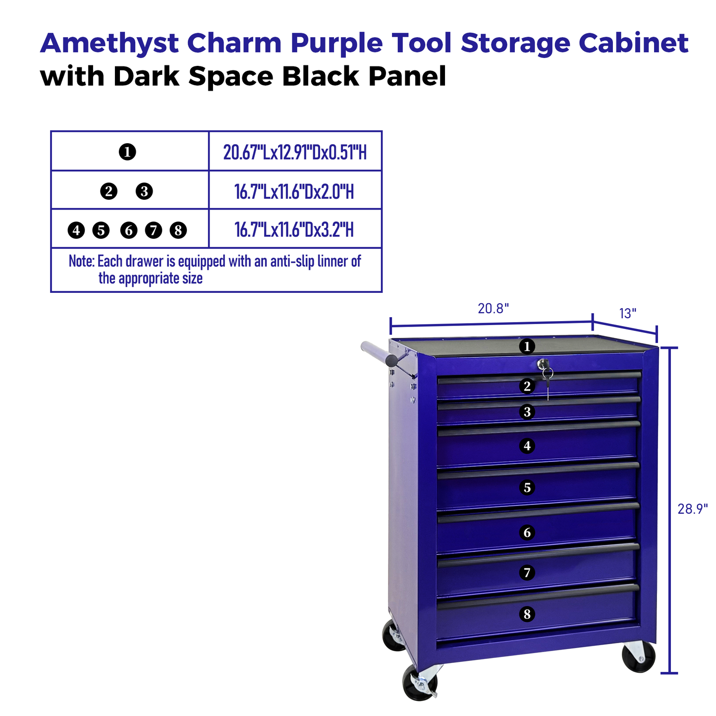 7-Drawer Metal Tool Storage Cabinet with Wheels and Detachable Top - Purple