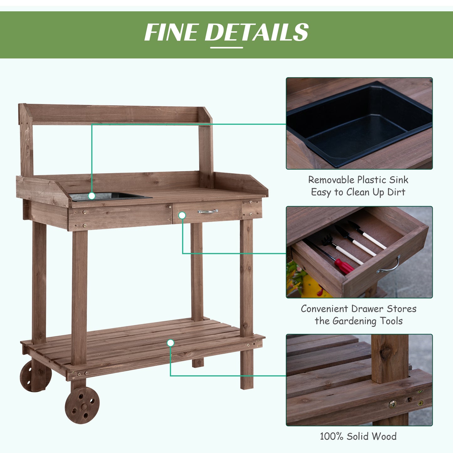 Wooden Potting Bench Work Table with Sink, Drawer, Wheels, Large Storage - Brown