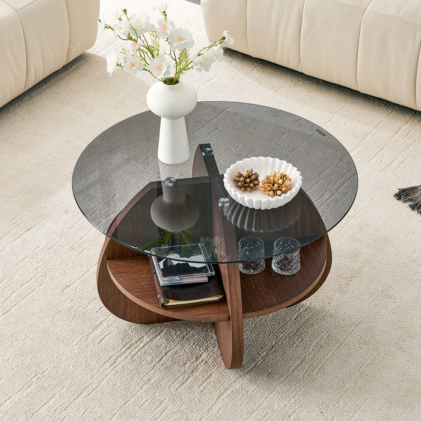 Round Coffee Table with Gray Tempered Glass Top & Walnut Storage