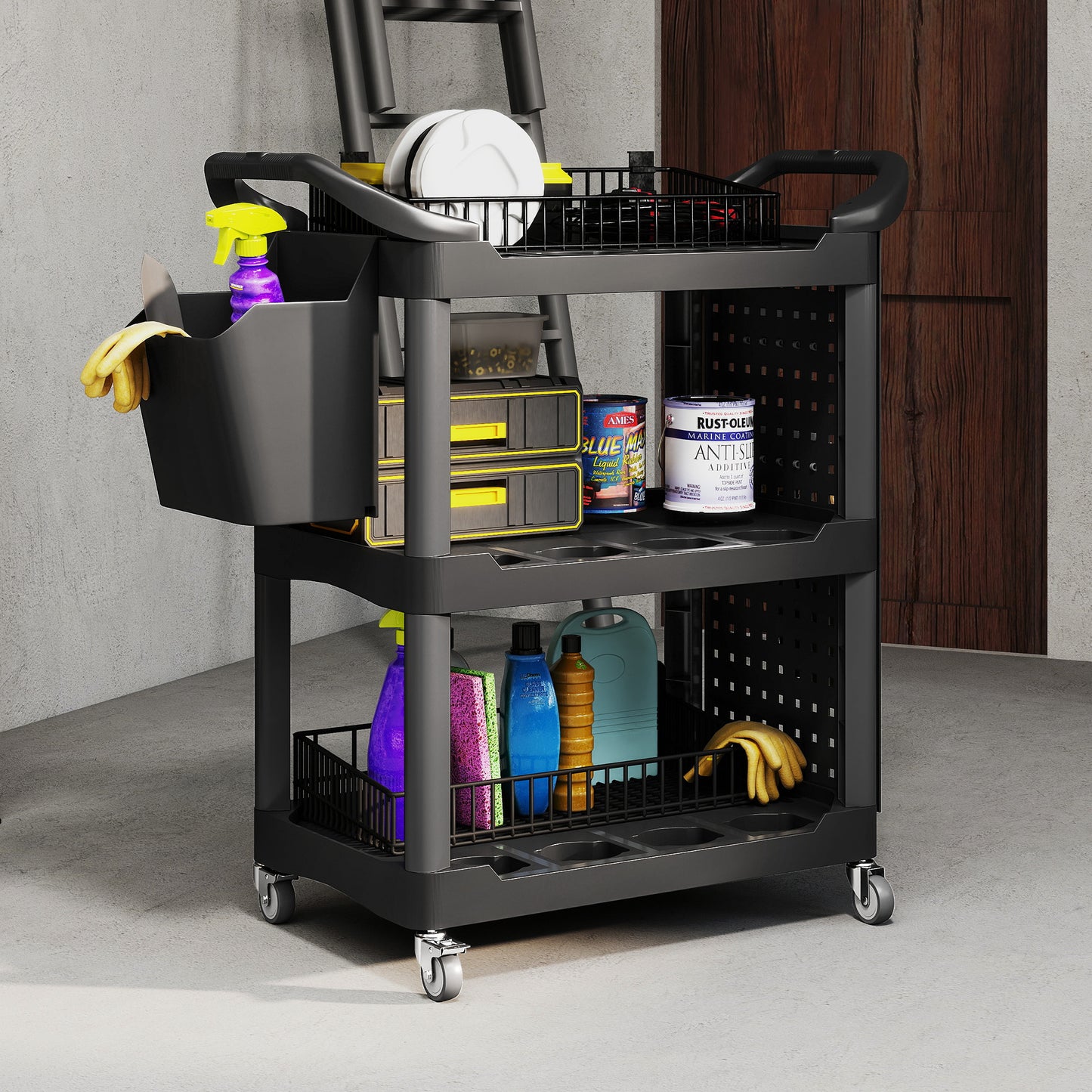 3-Tier Rolling Tool Cart with Side Shelf and Storage Bucket, Black