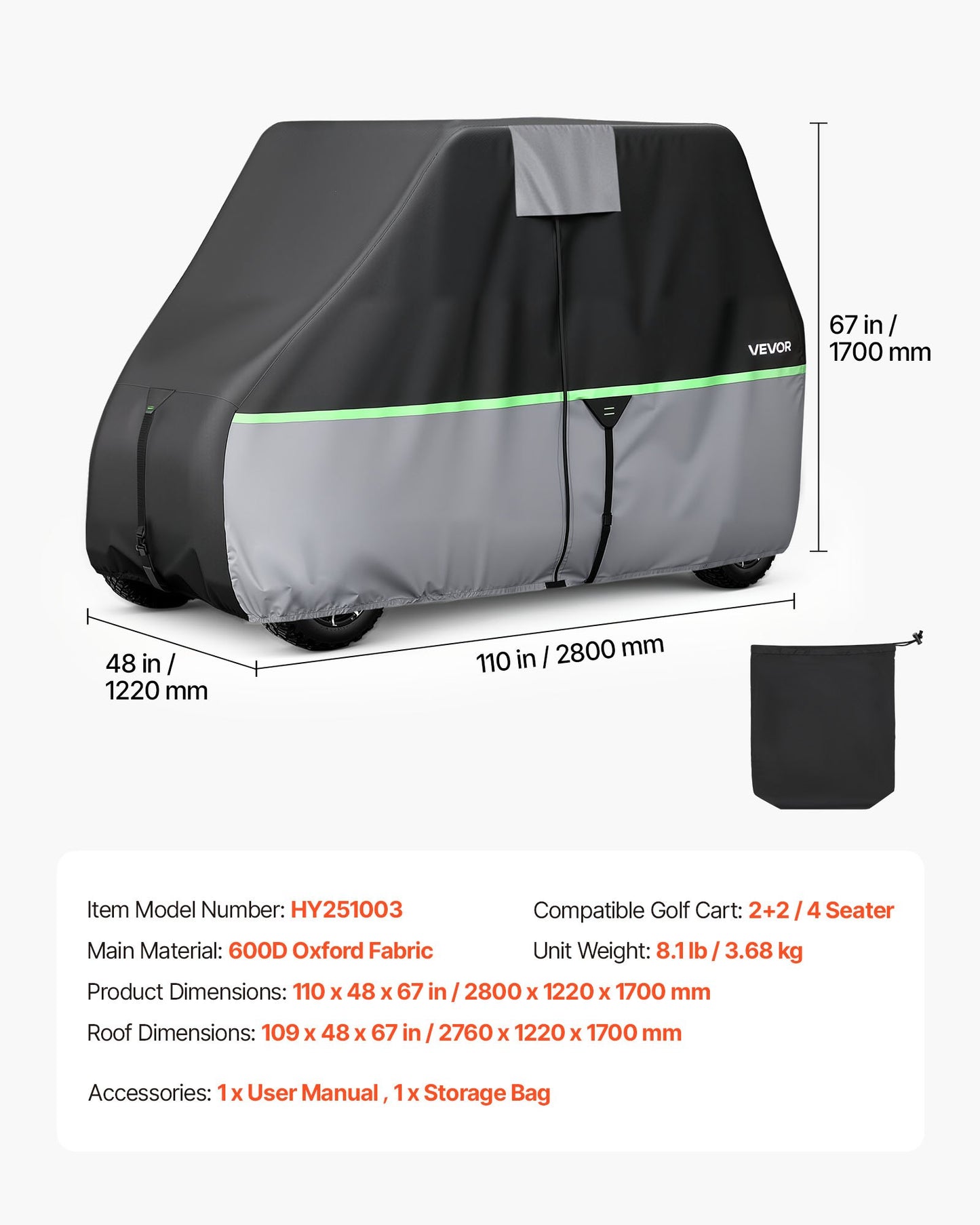 Waterproof Golf Cart Cover for 2+2/4 Passenger Carts - Fits Most Models