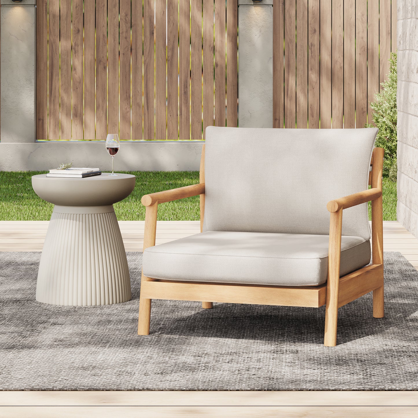 Patio Acacia Wood Club Chair With Water-resistant Cushion, Teak Beige