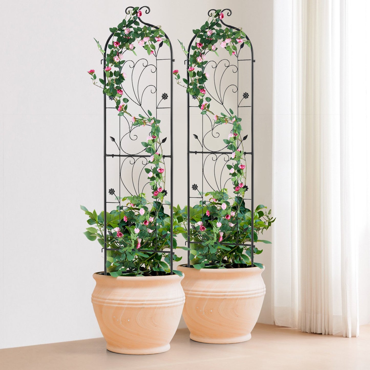 Rustproof Metal Garden Trellis Support for Climbing Plants 60x15 Inches - Black, 2 Pack