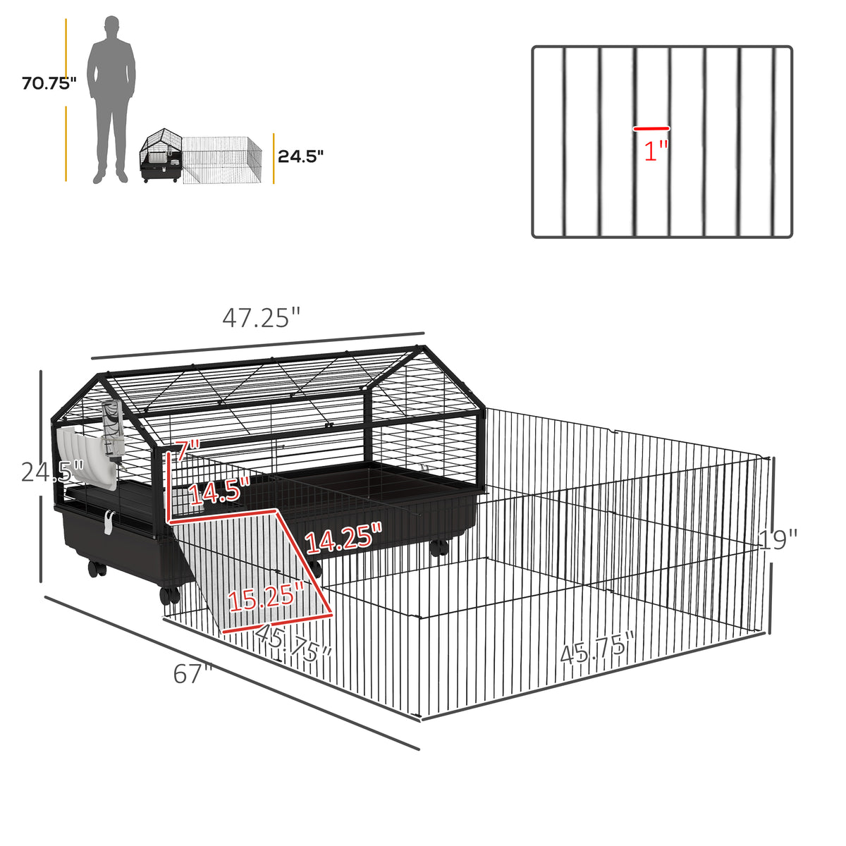 Small Animal Playpen Cage with Wheels and Water Bottle - 46.5 Inches