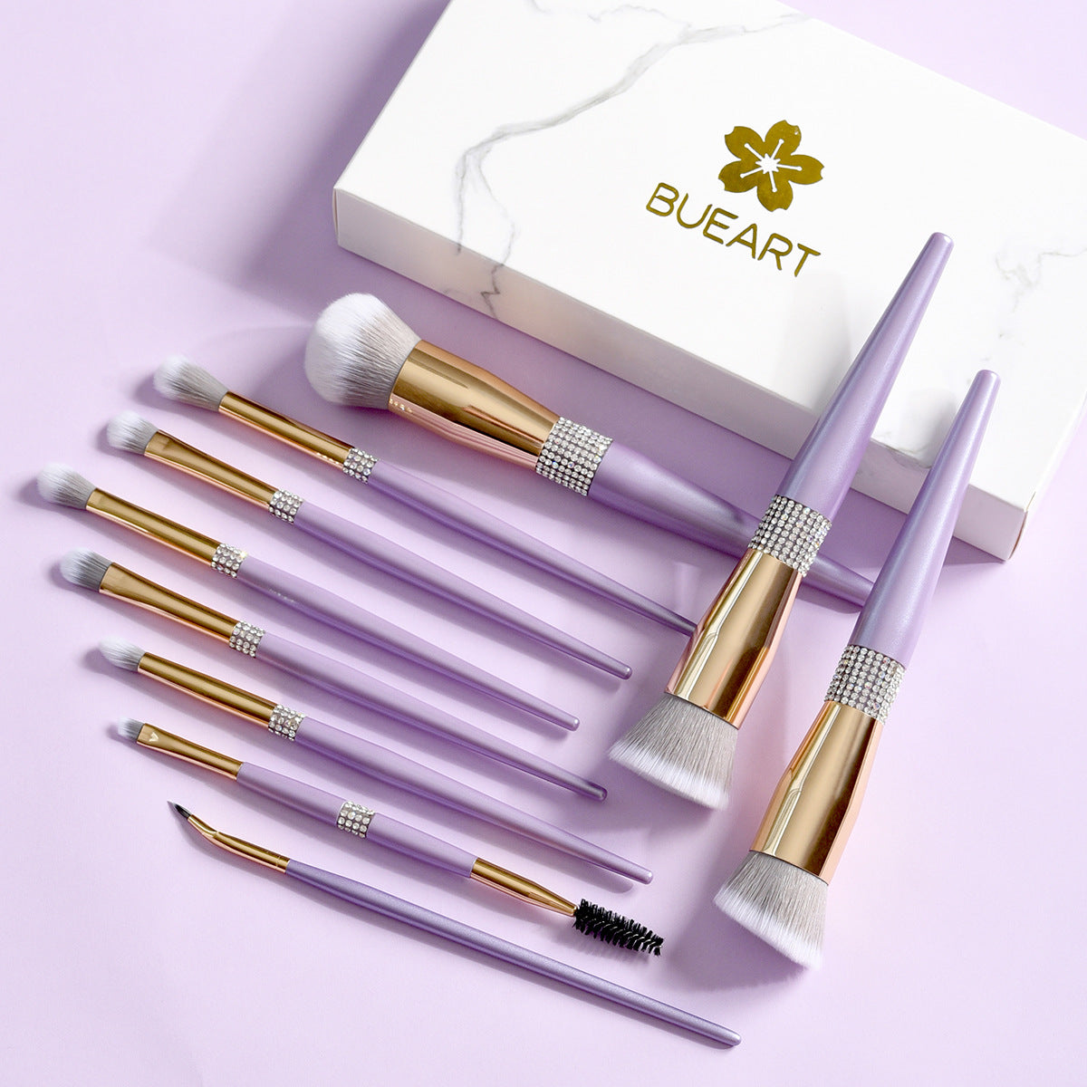 10-Piece Lilac Makeup Brush Set with Diamond Accents - Cosmetic Tools