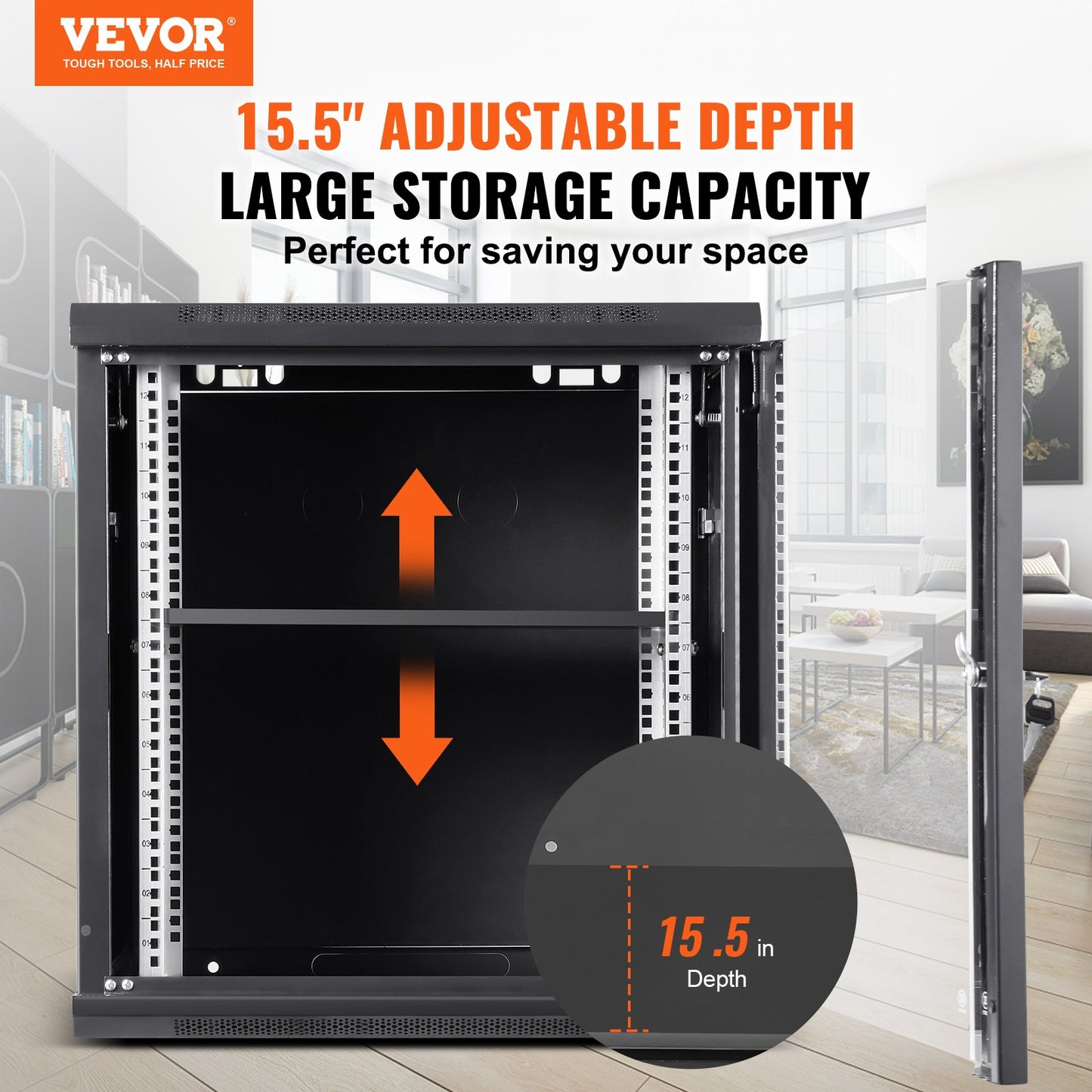 Wall Mount Network Server Cabinet Enclosure, 15.5 Inch Deep, Locking Glass Door, Black