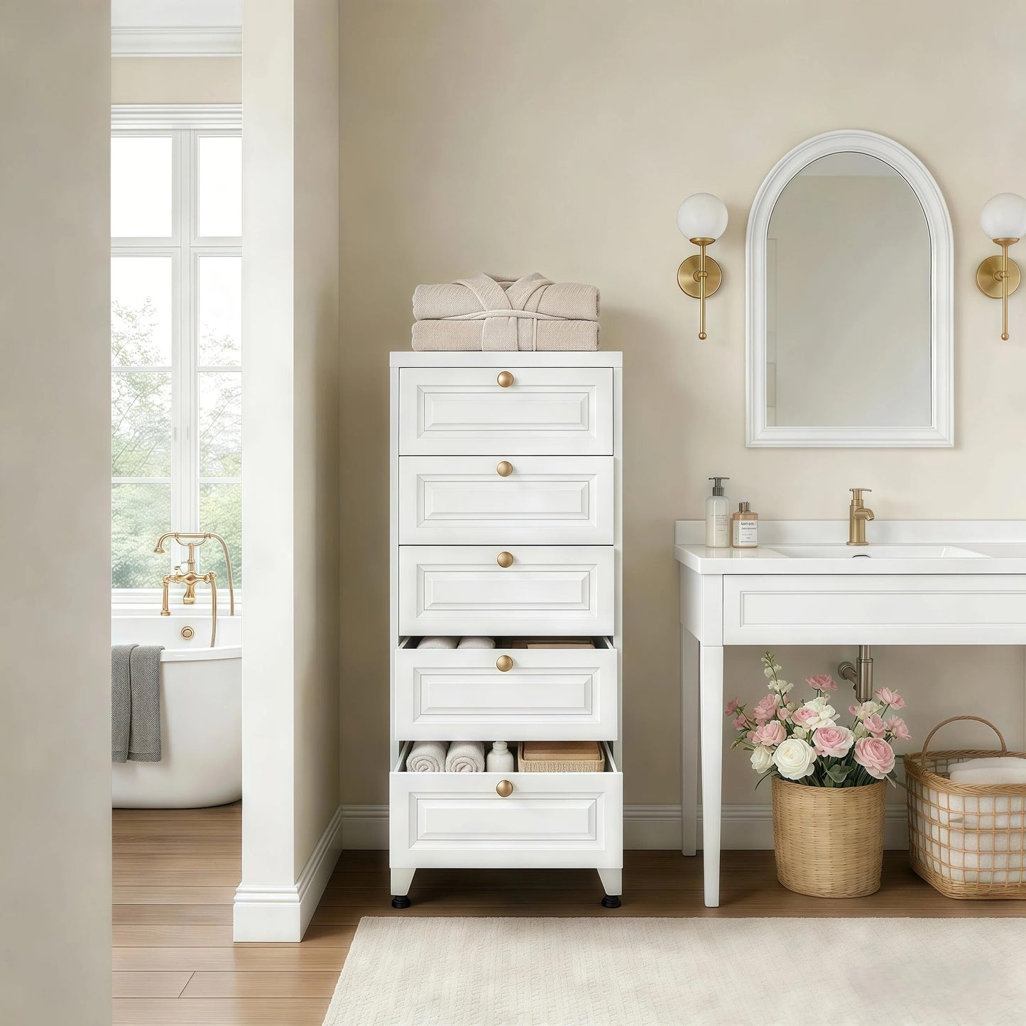 Metal Bathroom Storage Cabinet with 5 Drawers - White