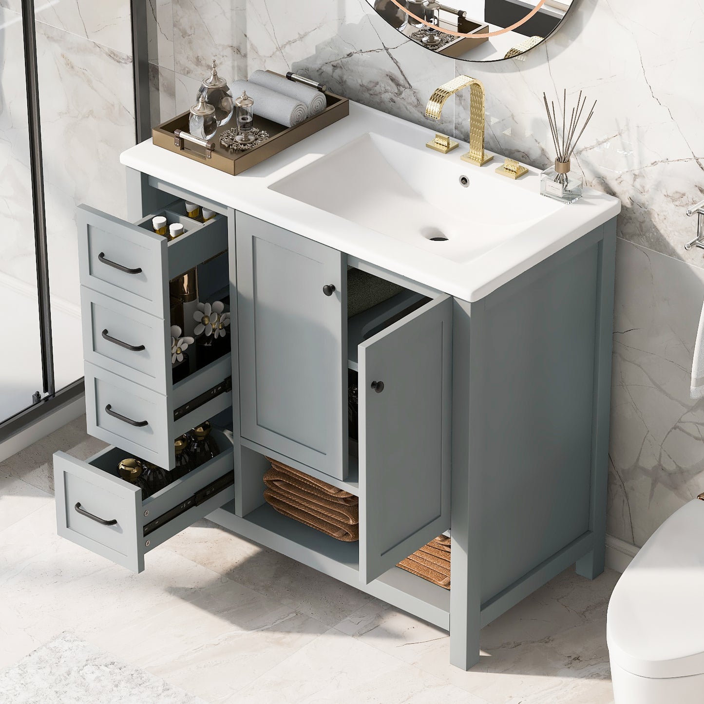 36" Grey Bathroom Vanity with Sink Top, Solid Wood Cabinet