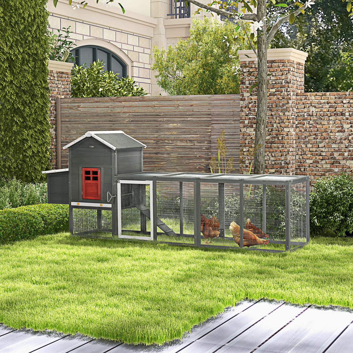 Extra Large Wooden Chicken Coop with Asphalt Roof, Nesting Box & Removable Tray - Gray