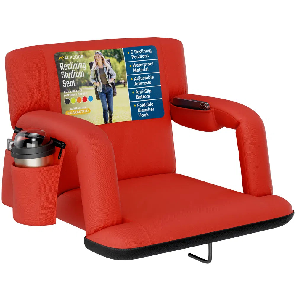 Reclining Stadium Seat - Waterproof Foldable Camping Chair with Armrests & Adjustable Positions