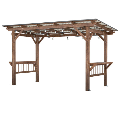 Wooden Pergola Grill Gazebo with Metal Roof, Bulbs & Bar Counters - 13x6.5 Feet