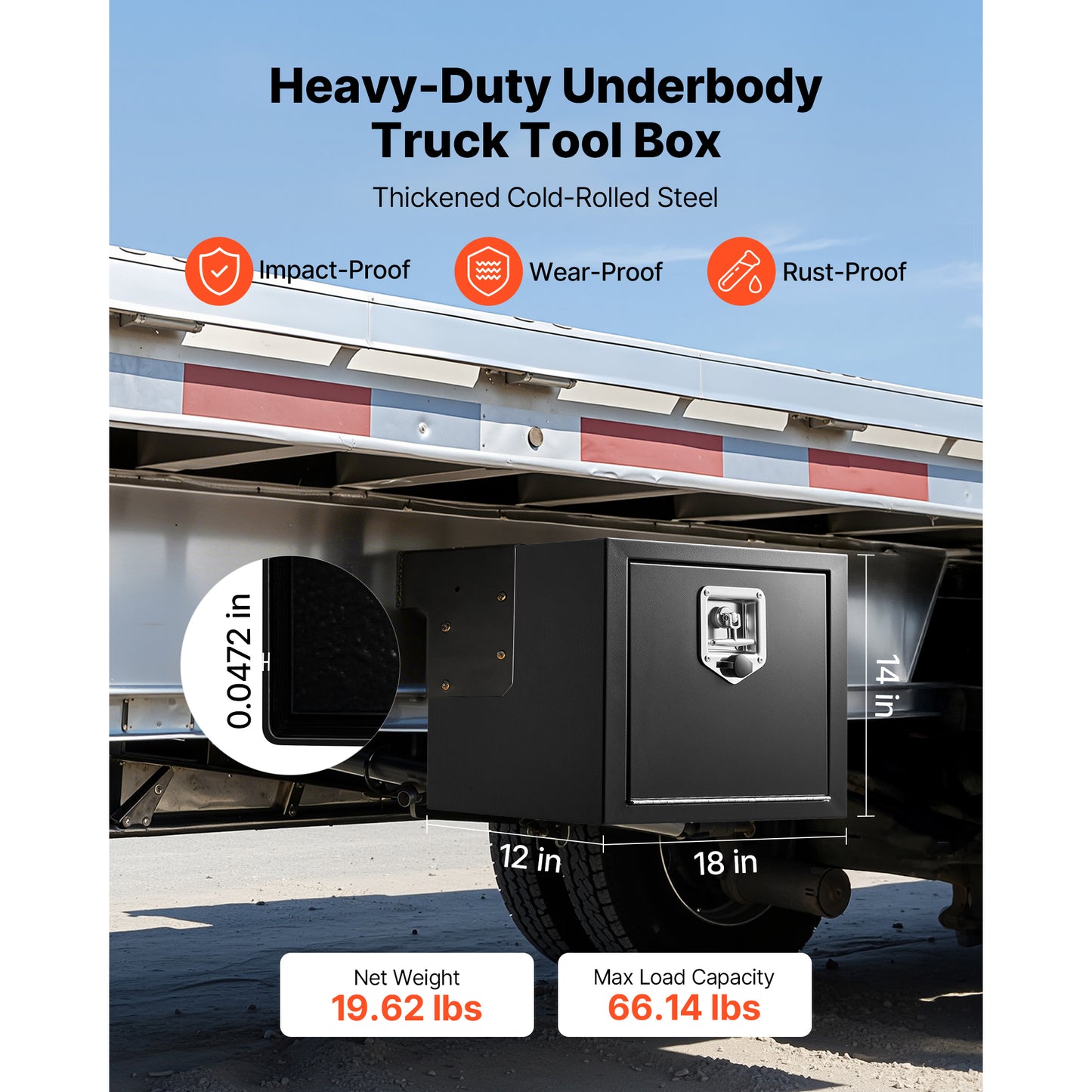 Heavy Duty Steel Underbody Truck Tool Box - Waterproof Lockable Storage Chest 18x12x14 Inch