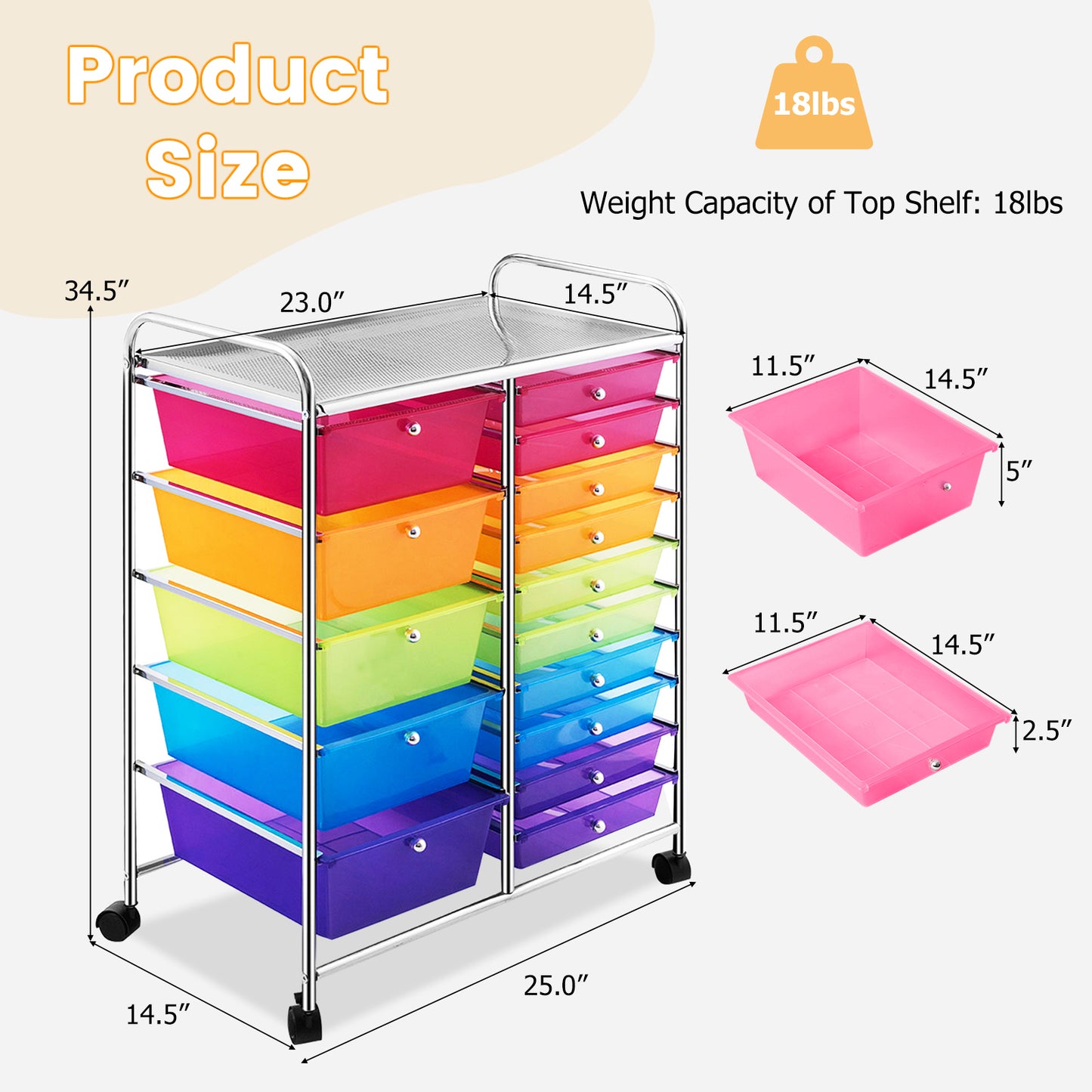 15-Drawer Rolling Storage Cart Organizer with Metal Frame
