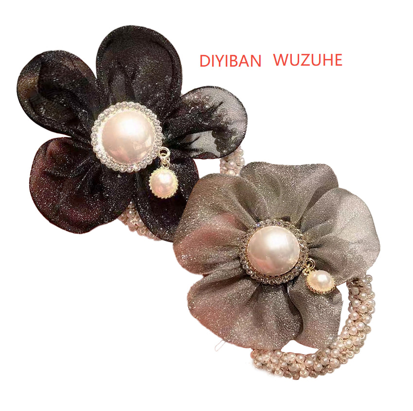 Elegant Pearl Flower Hair Scrunchie - Handmade Fabric Hair Band