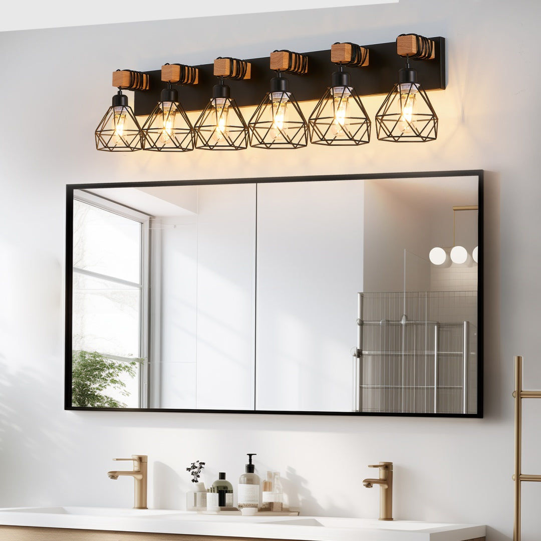 Modern 6-Light Vanity Light Fixture - Black Metal & Wood Accents